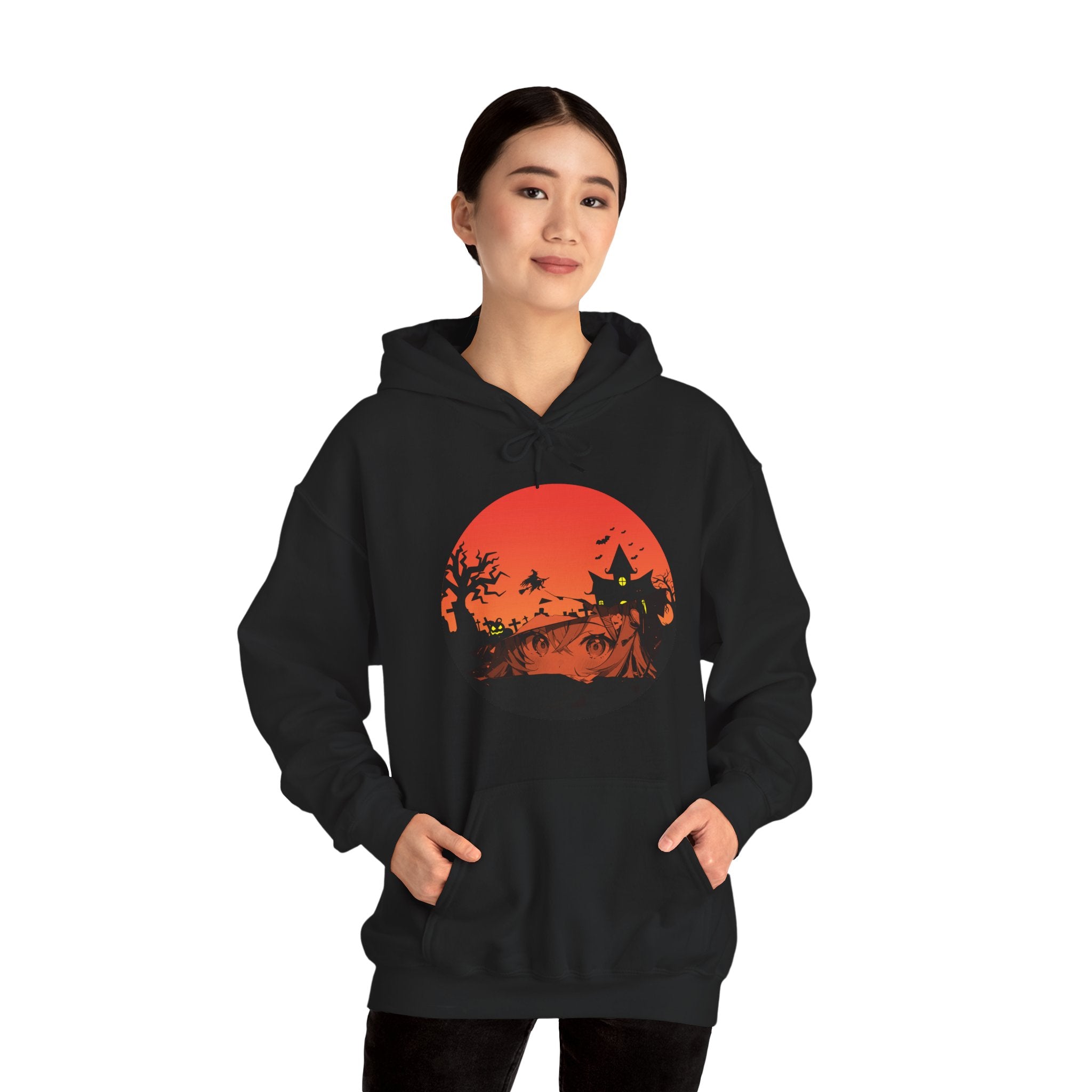 Person wearing a black hoodie with a red graphic design of anime eyes and witch haunted kingdom on a white background
