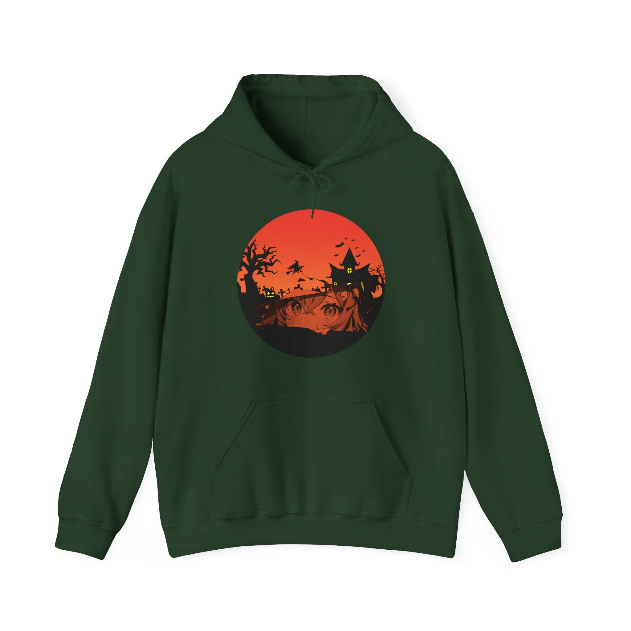 Forest green hoodie with a red graphic design of anime eyes and witch haunted kingdom on a white background