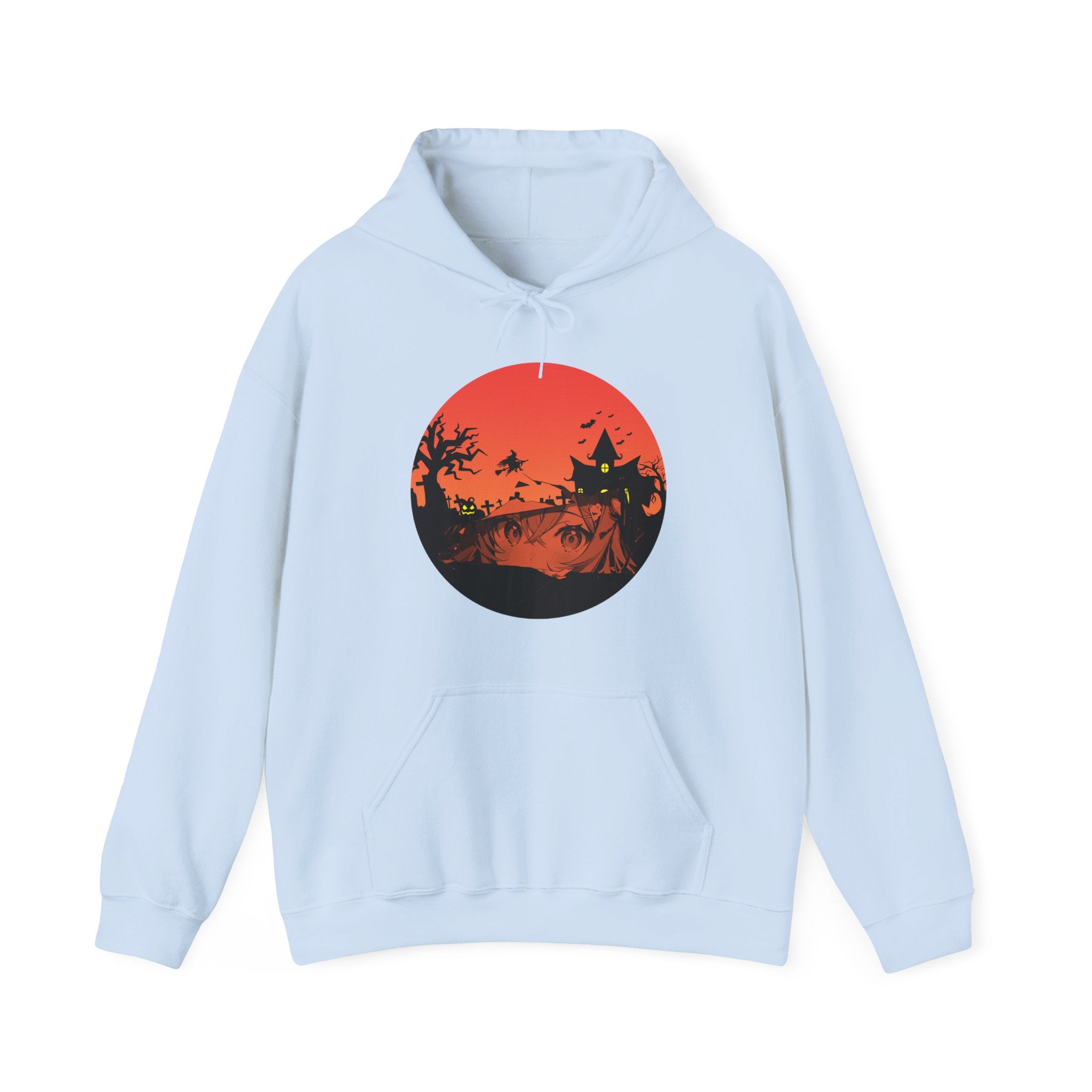 Light blue hoodie with a red graphic design of anime eyes and witch haunted kingdom on a white background