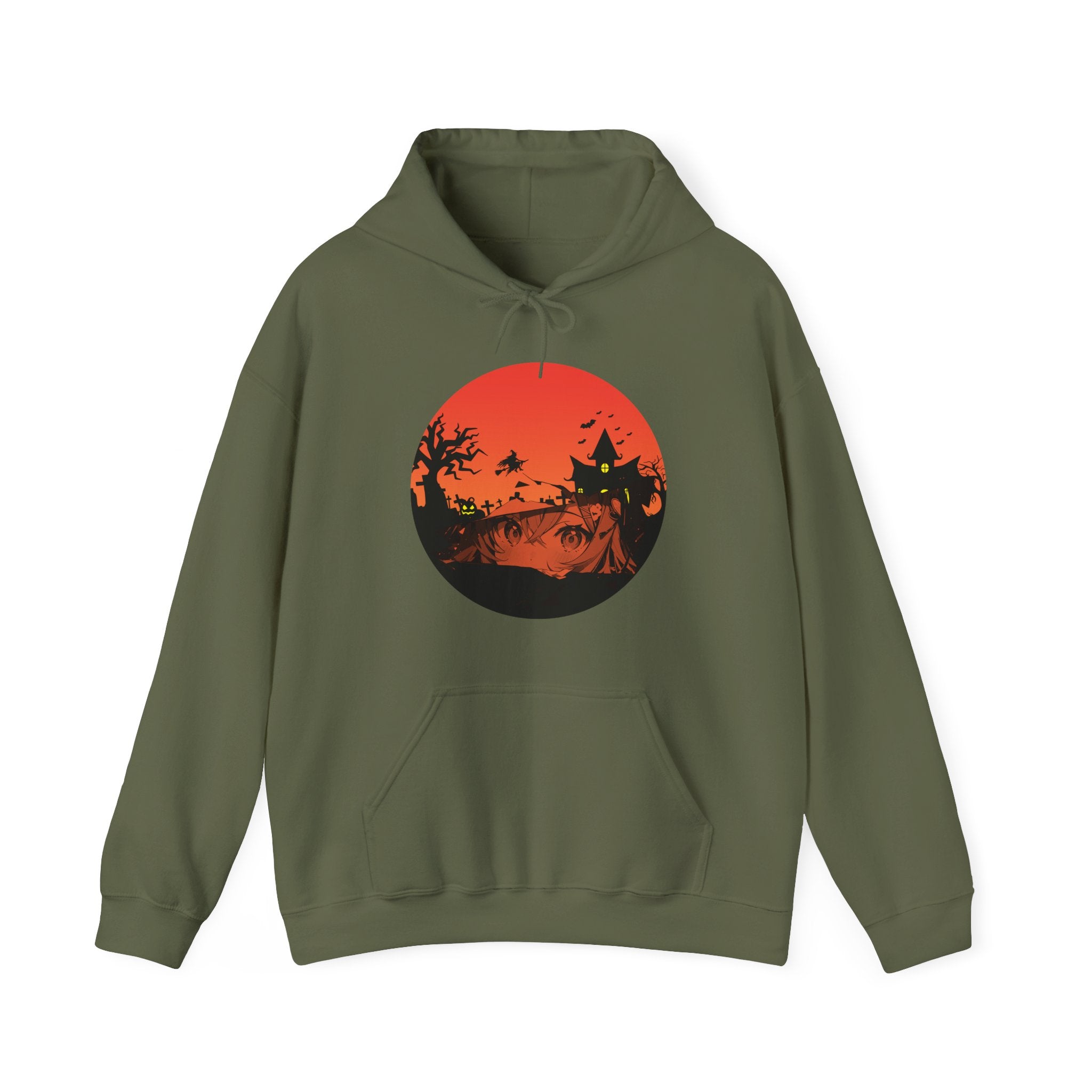 Military green hoodie with a red graphic design of anime eyes and witch haunted kingdom on a white background