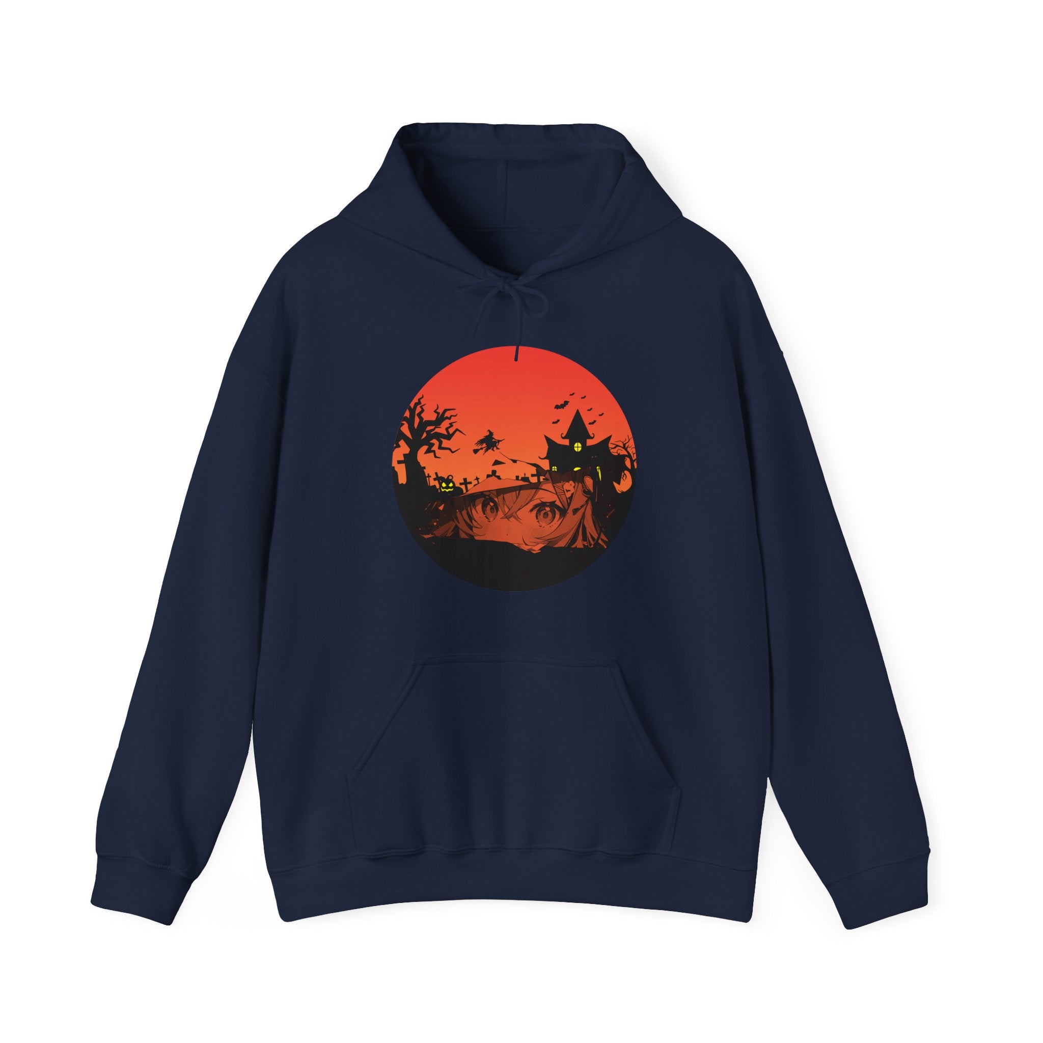 Navy blue hoodie with a red graphic design of anime eyes and witch haunted kingdom on a white background