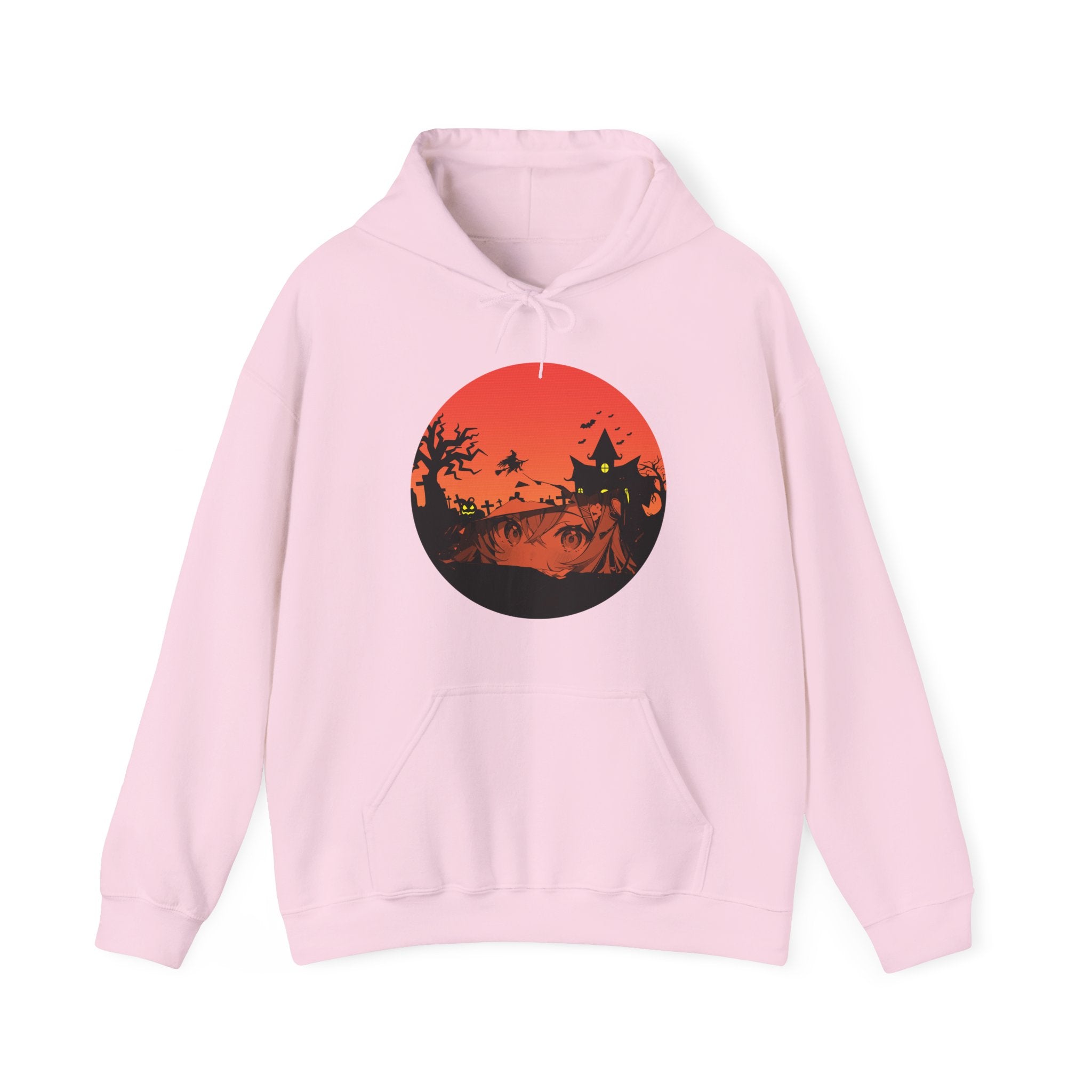 Pink hoodie with a red graphic design of anime eyes and witch haunted kingdom on a white background