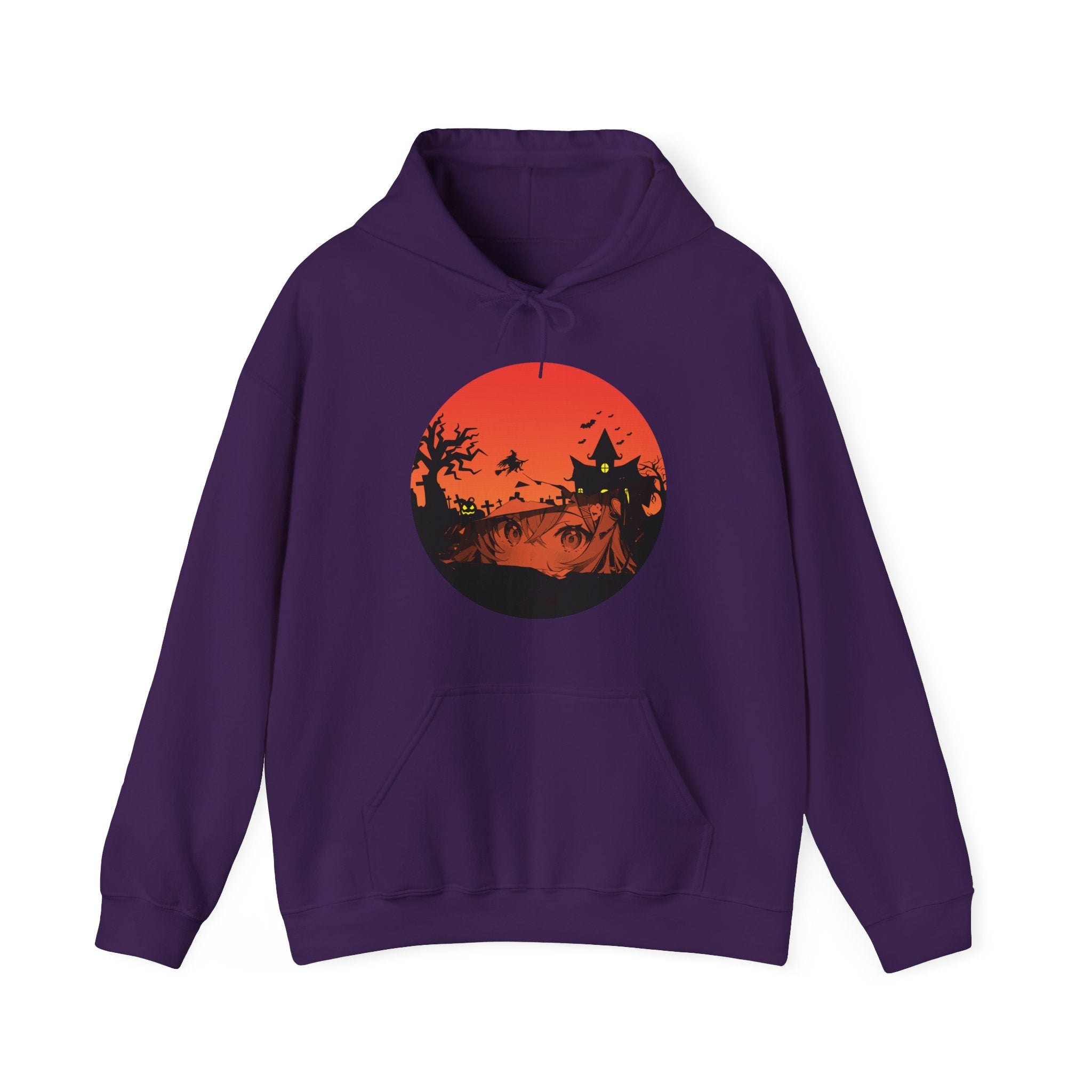 Purple hoodie with a red graphic design of anime eyes and witch haunted kingdom on a white background