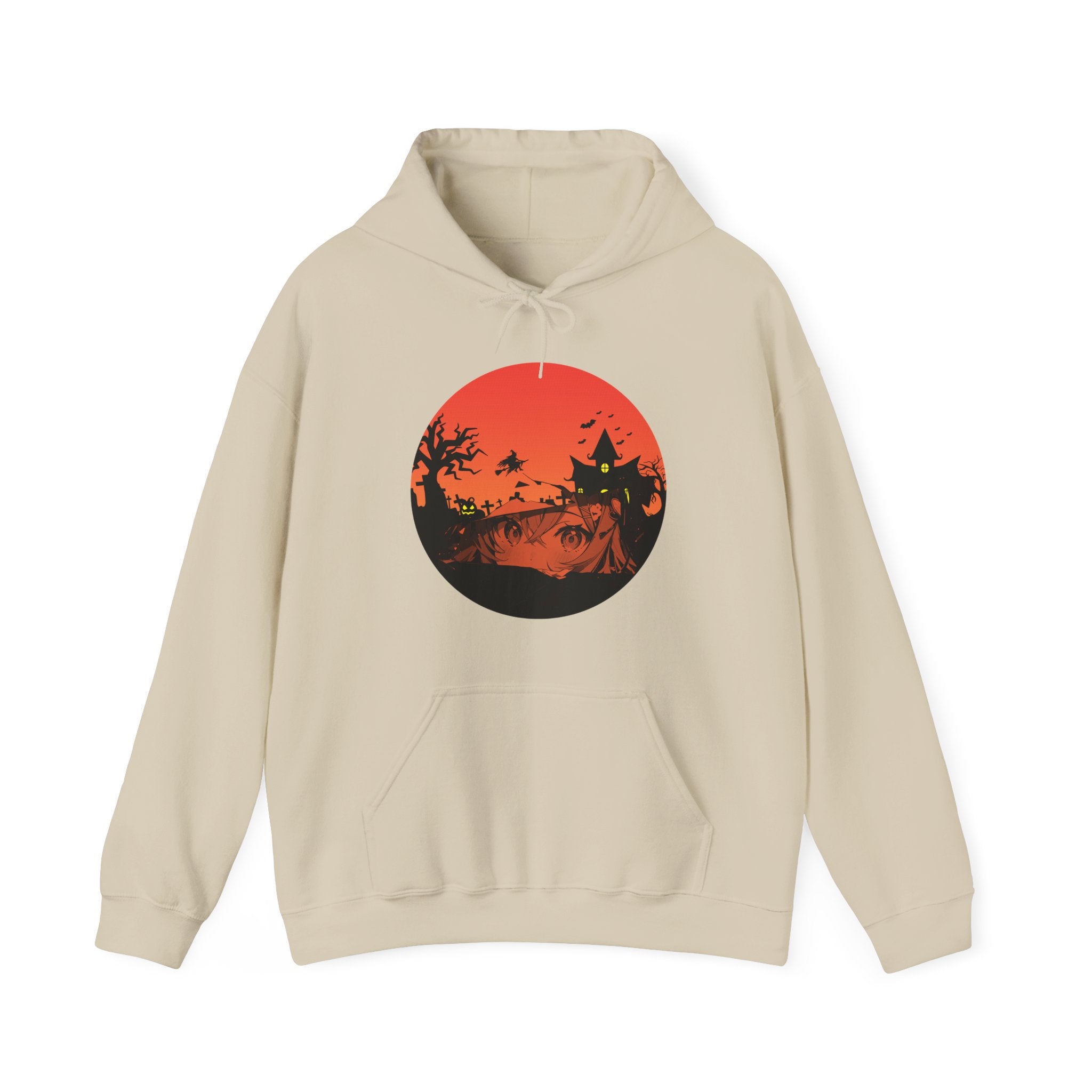 Beige hoodie with a red graphic design of anime eyes and witch haunted kingdom on a white background