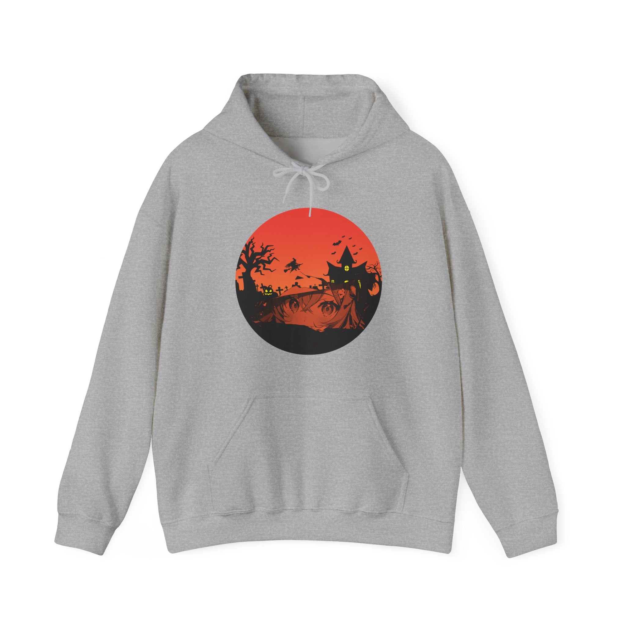 Gray hoodie with a red graphic design of anime eyes and witch haunted kingdom on a white background