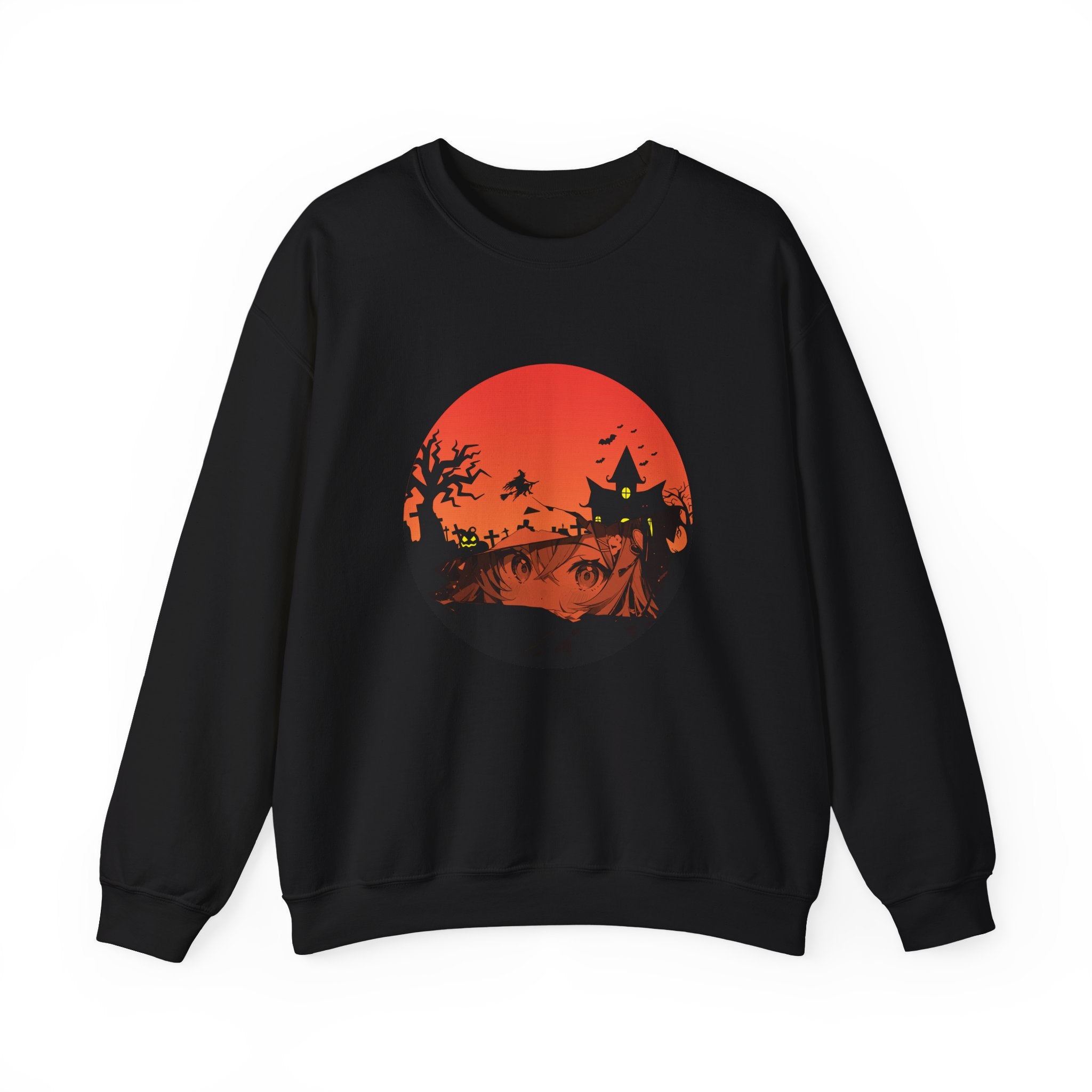 Black sweatshirt with a red and black graphic of haunted kingdom and anime face design on a white background