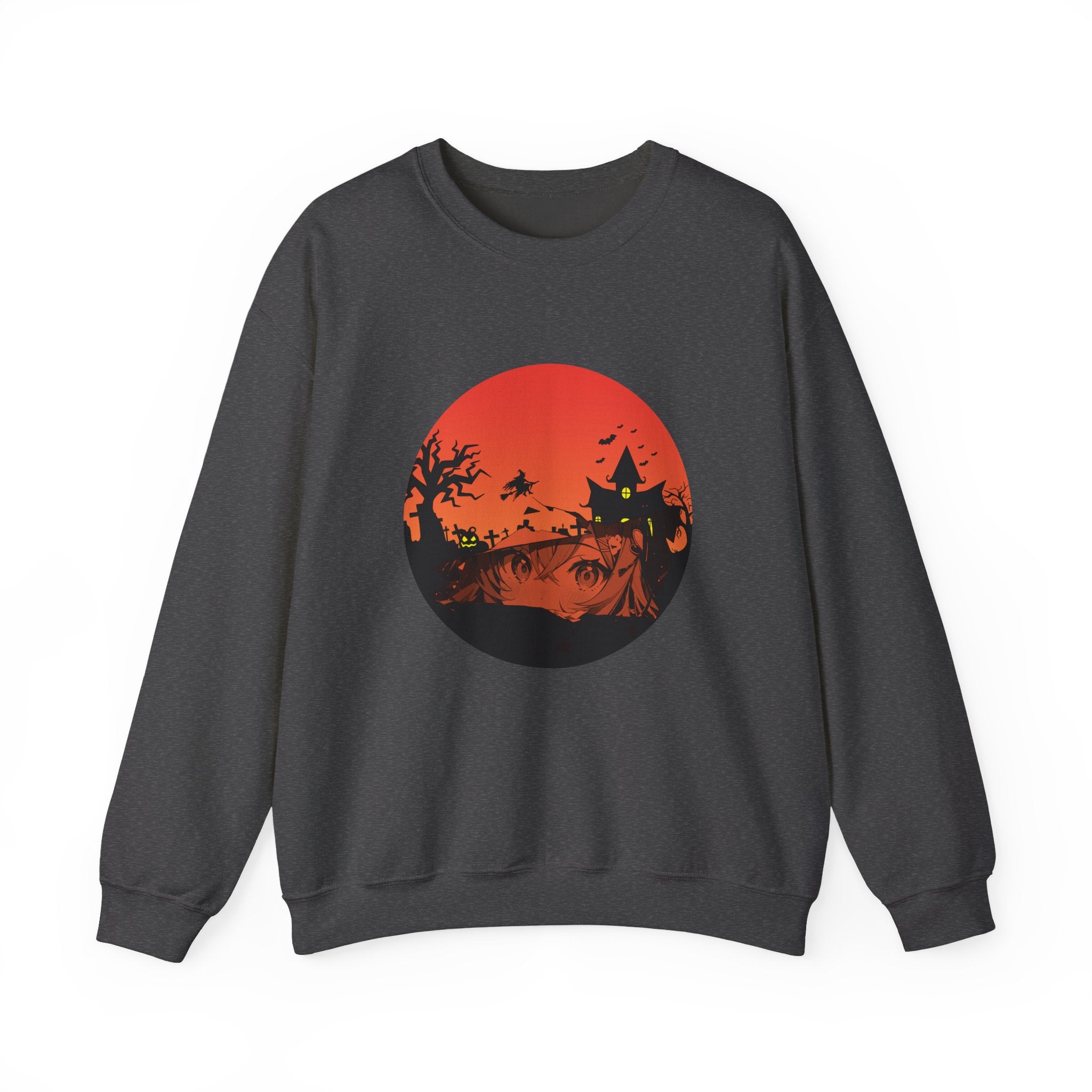Dark gray sweatshirt with a red and black graphic of haunted kingdom and anime face design on a white background