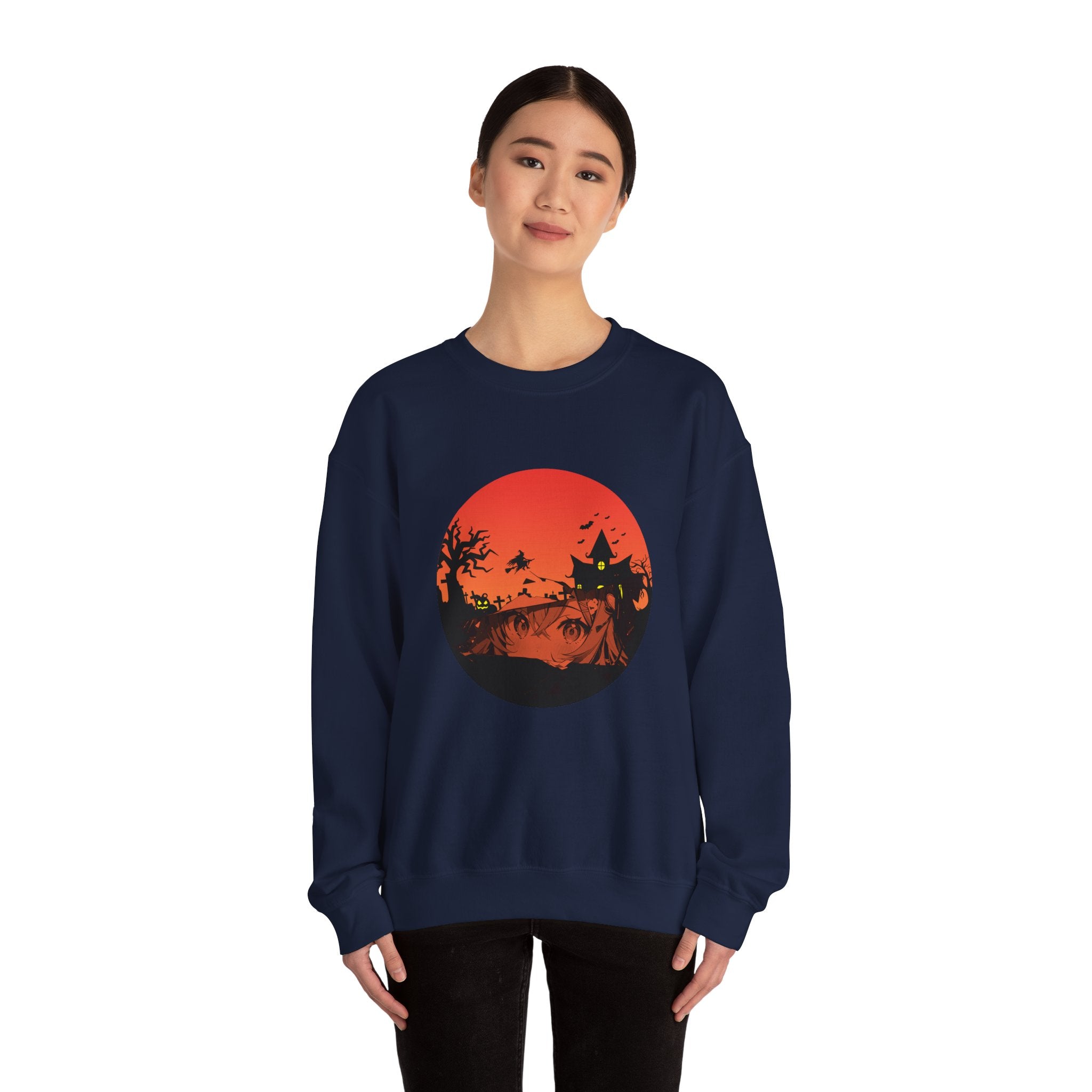 Person wearing a navy blue sweatshirt with a red and black graphic of haunted kingdom and anime face design on a white background