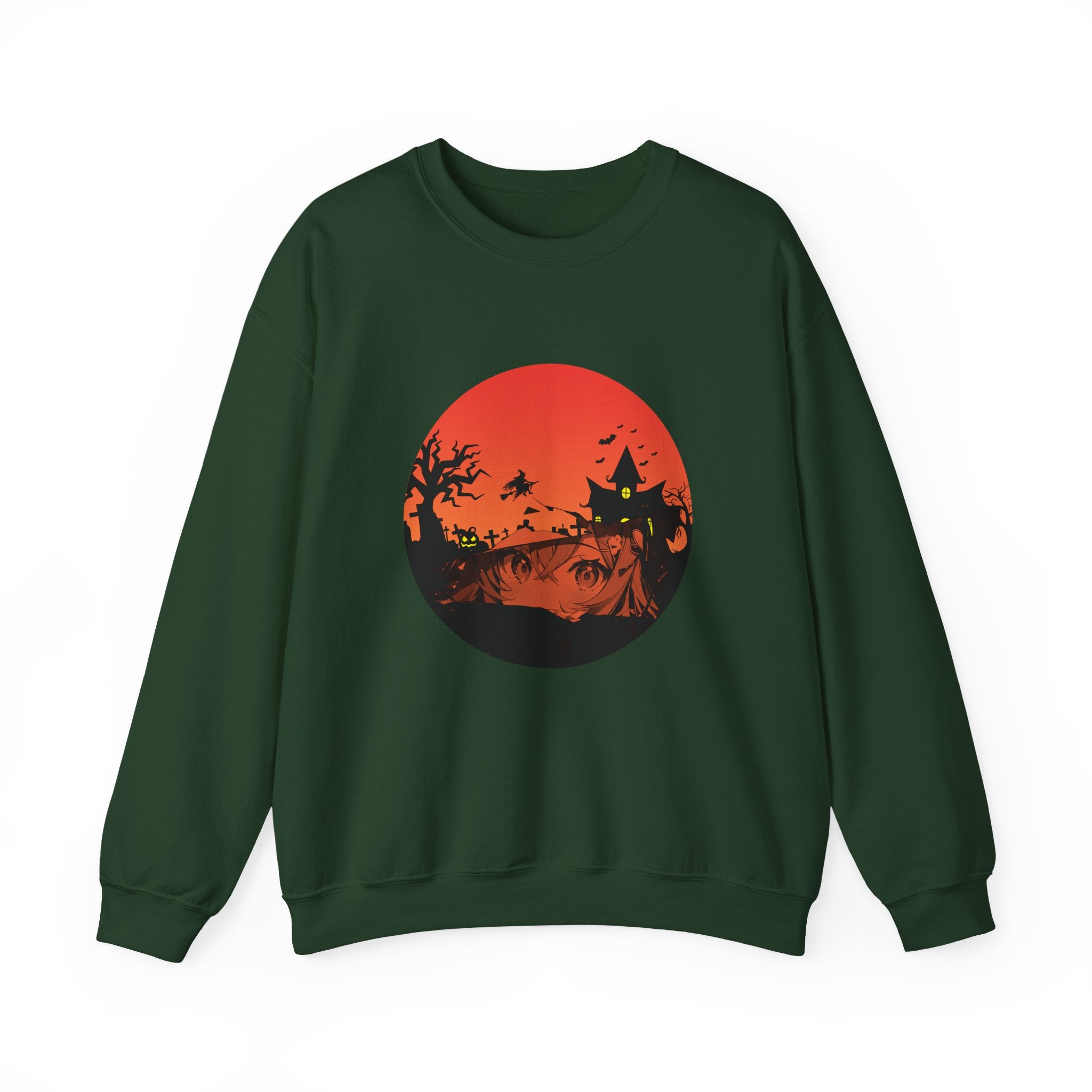 Forest green sweatshirt with a red and black graphic of haunted kingdom and anime face design on a white background