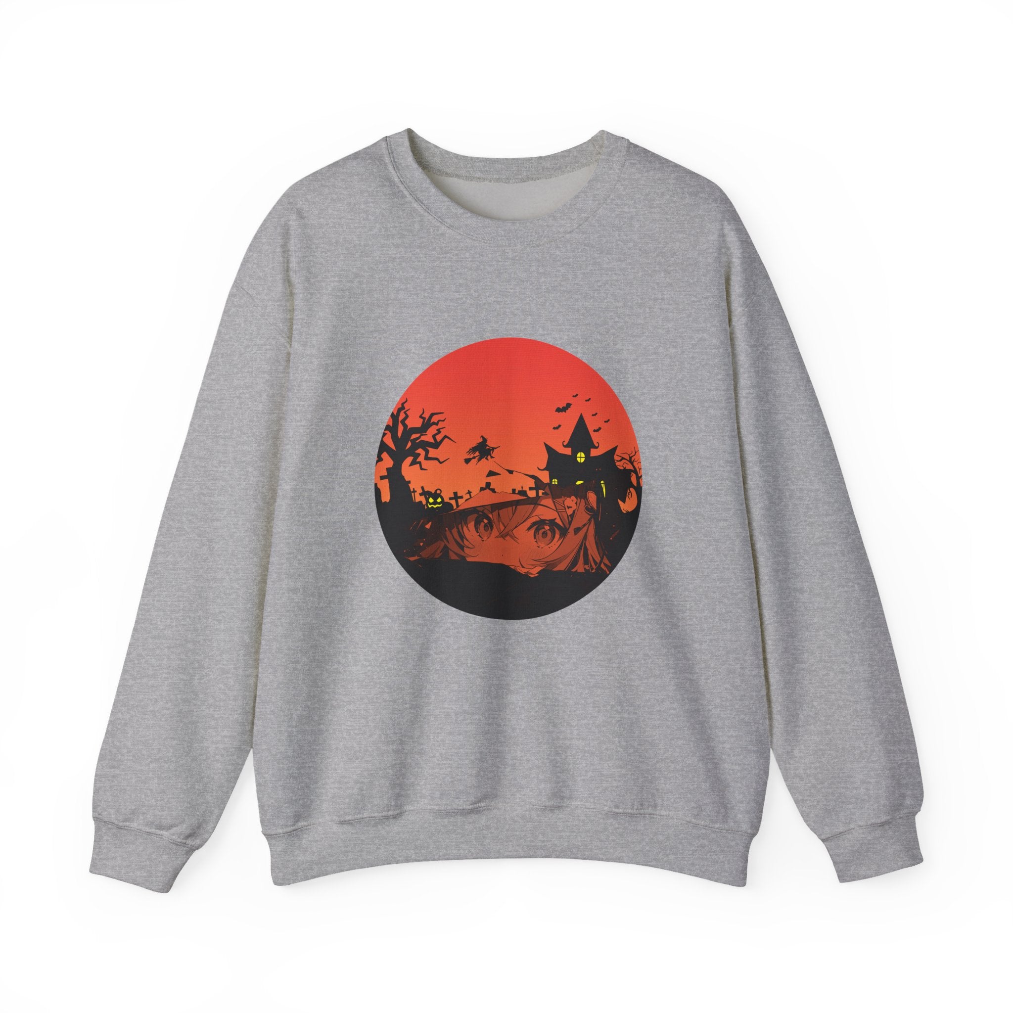 Gray sweatshirt with a red and black graphic of haunted kingdom and anime face design on a white background