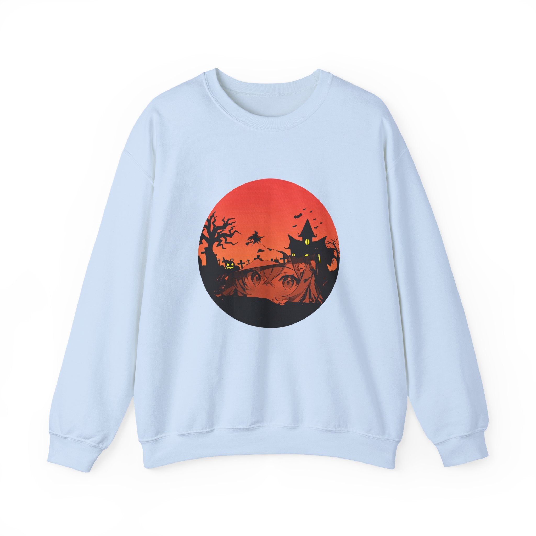 Light blue sweatshirt with a red and black graphic of haunted kingdom and anime face design on a white background
