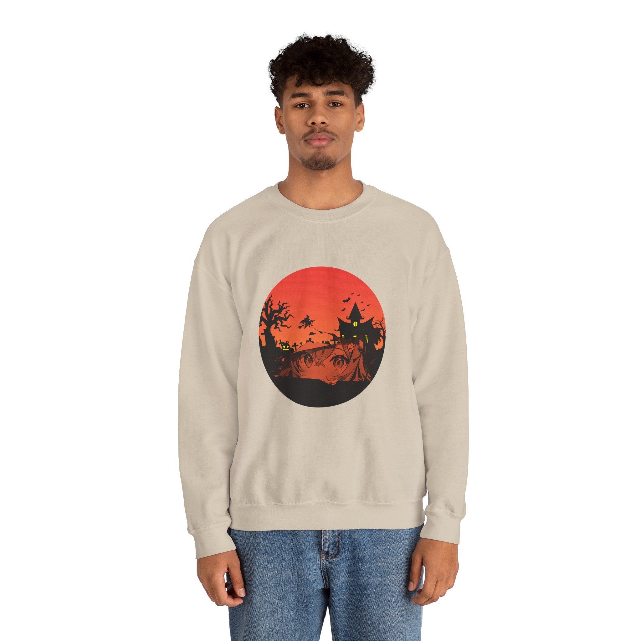 Person wearing a beige sweatshirt with a red and black graphic of haunted kingdom and anime face design on a white background