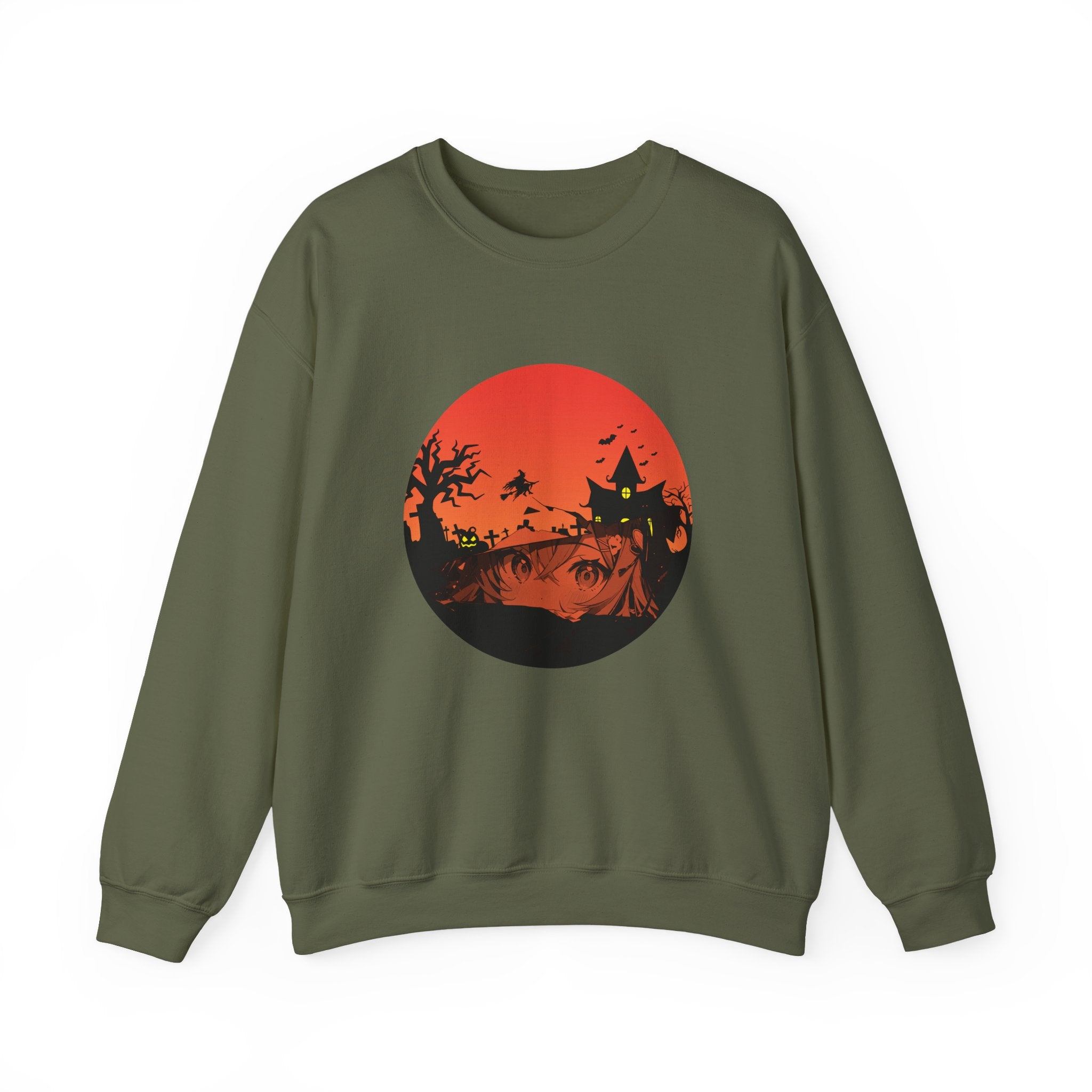 Military green sweatshirt with a red and black graphic of haunted kingdom and anime face design on a white background