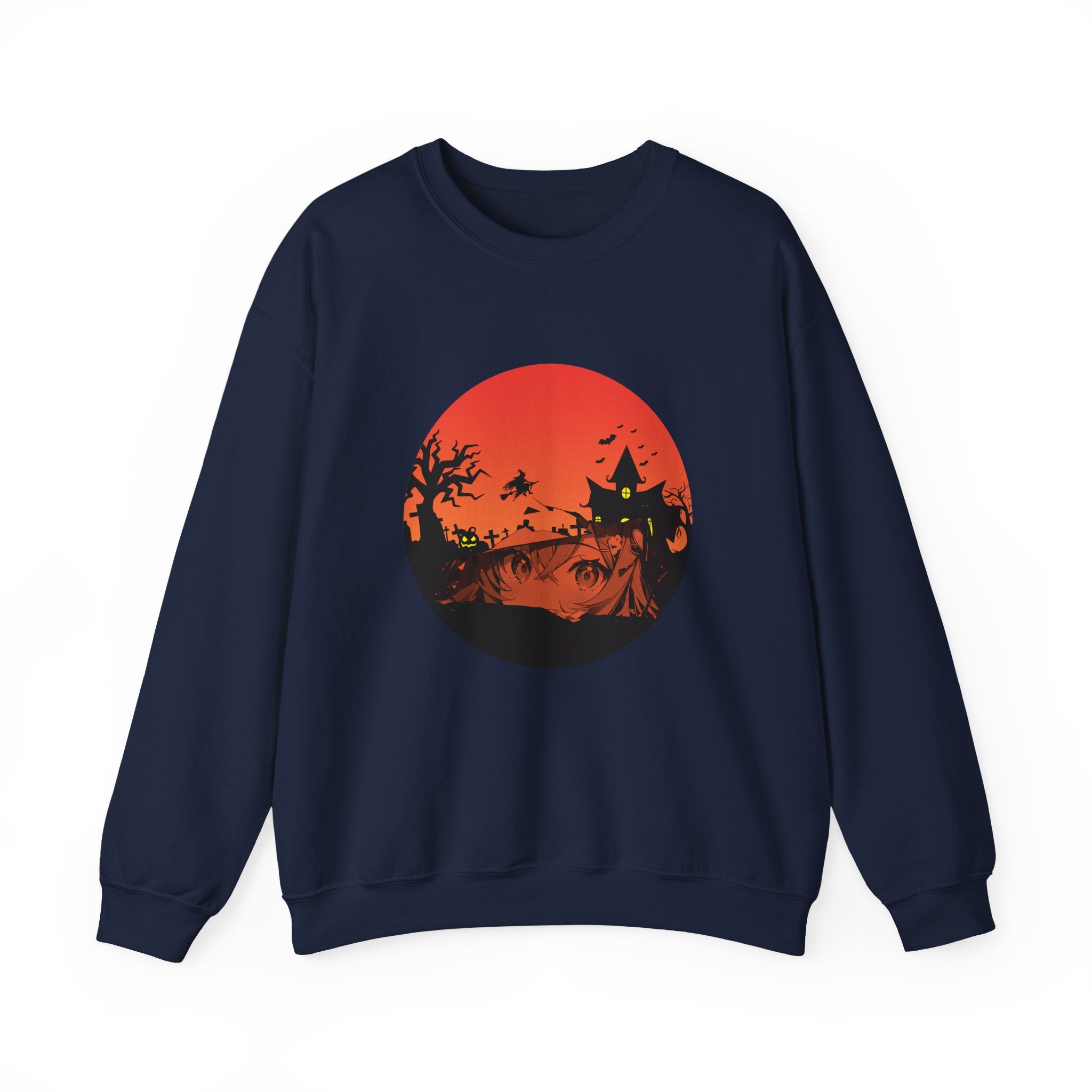 Navy blue sweatshirt with a red and black graphic of haunted kingdom and anime face design on a white background