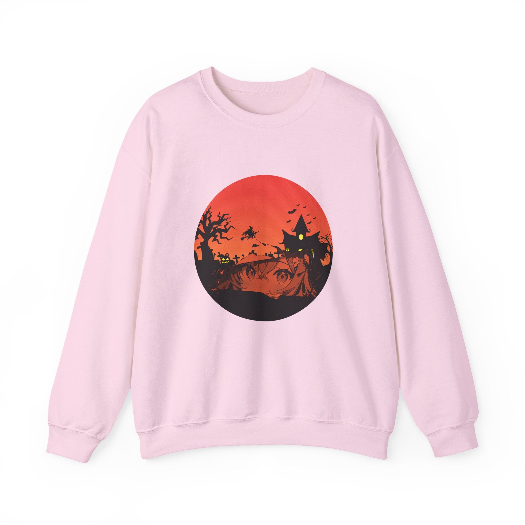 Pink sweatshirt with a red and black graphic of haunted kingdom and anime face design on a white background