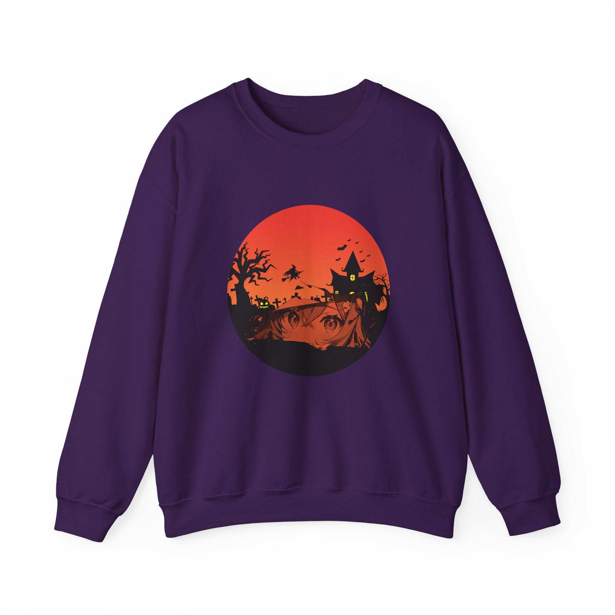 Purple sweatshirt with a red and black graphic of haunted kingdom and anime face design on a white background