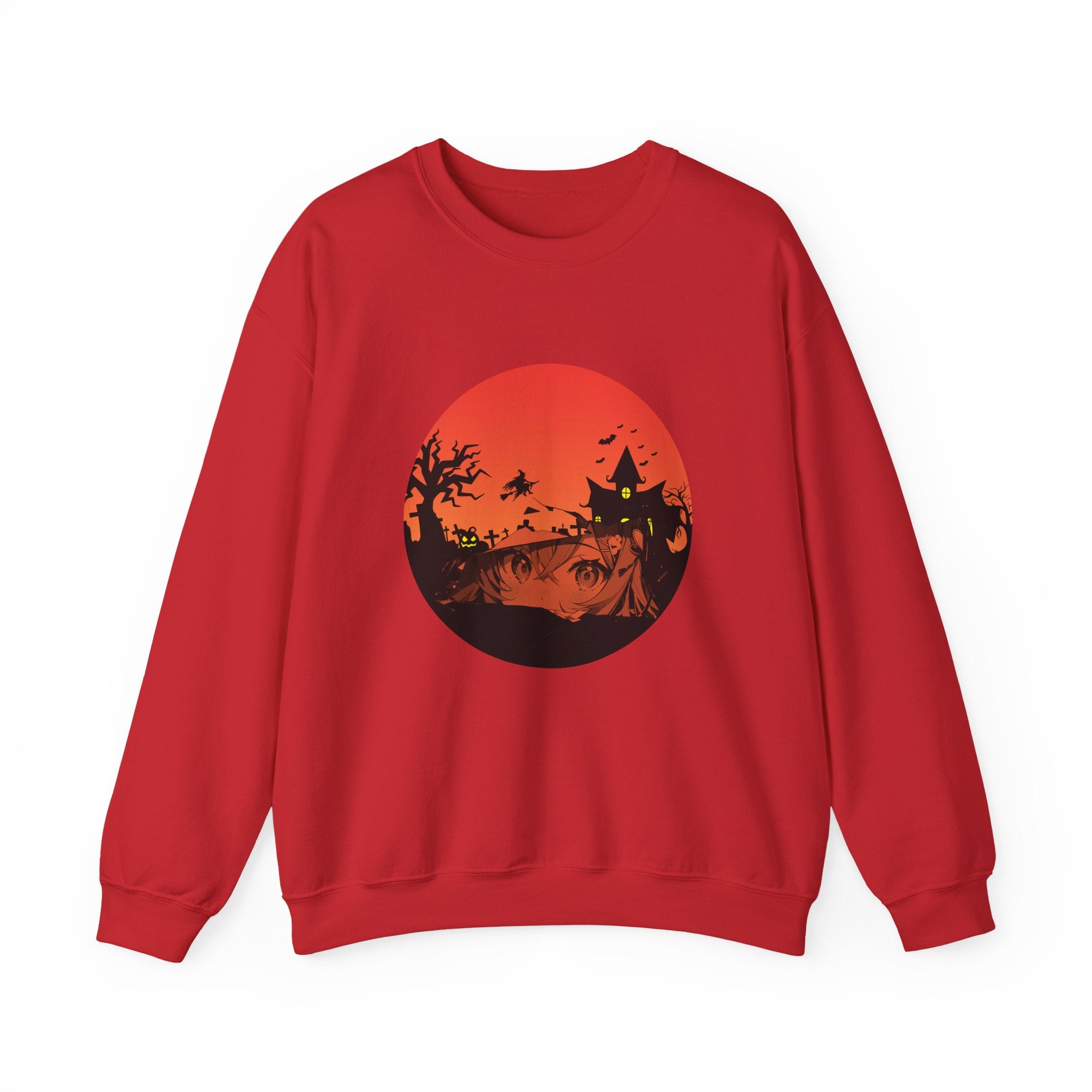 Red sweatshirt with a red and black graphic of haunted kingdom and anime face design on a white background
