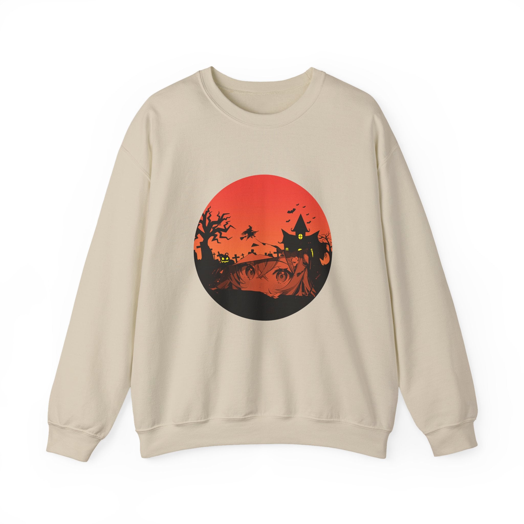 Beige sweatshirt with a red and black graphic of haunted kingdom and anime face design on a white background