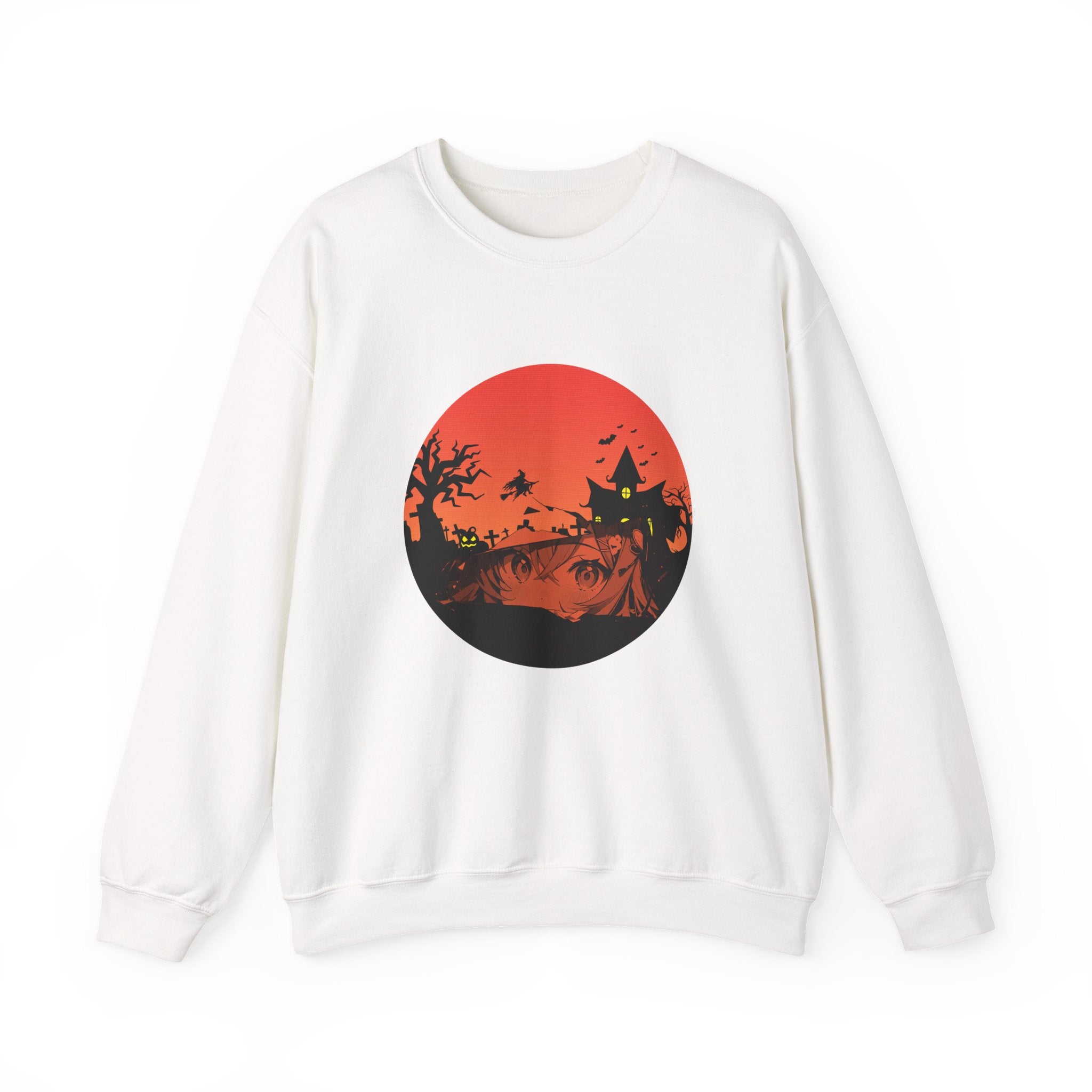 White sweatshirt with a red and black graphic of haunted kingdom and anime face design on a white background