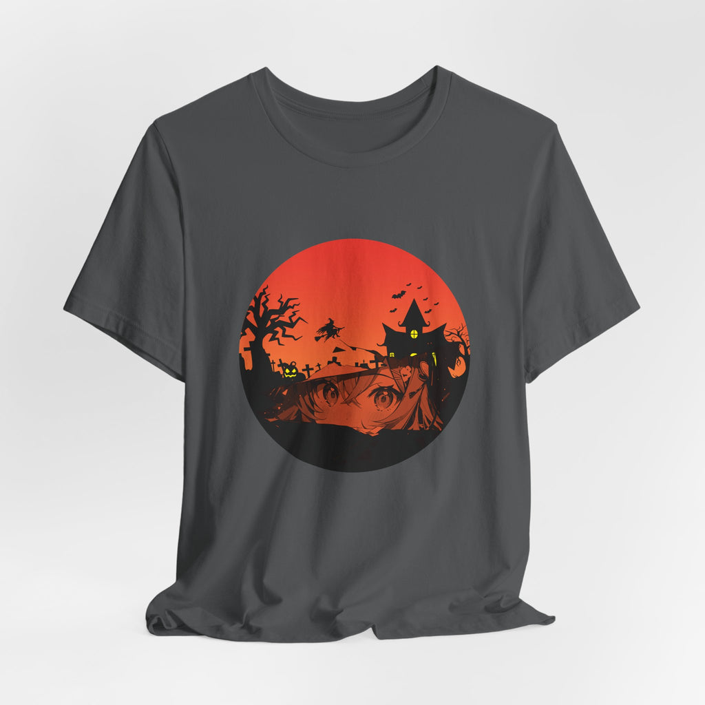 Gray t-shirt with a Halloween-themed graphic on a white background