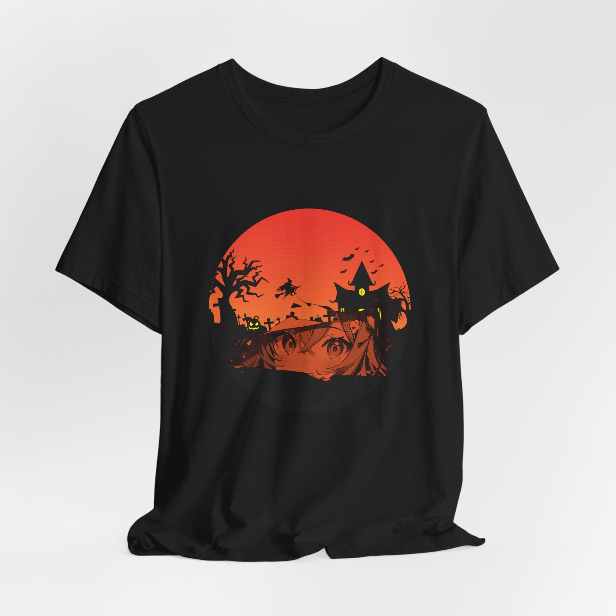 Black t-shirt with a Halloween-themed graphic on a white background