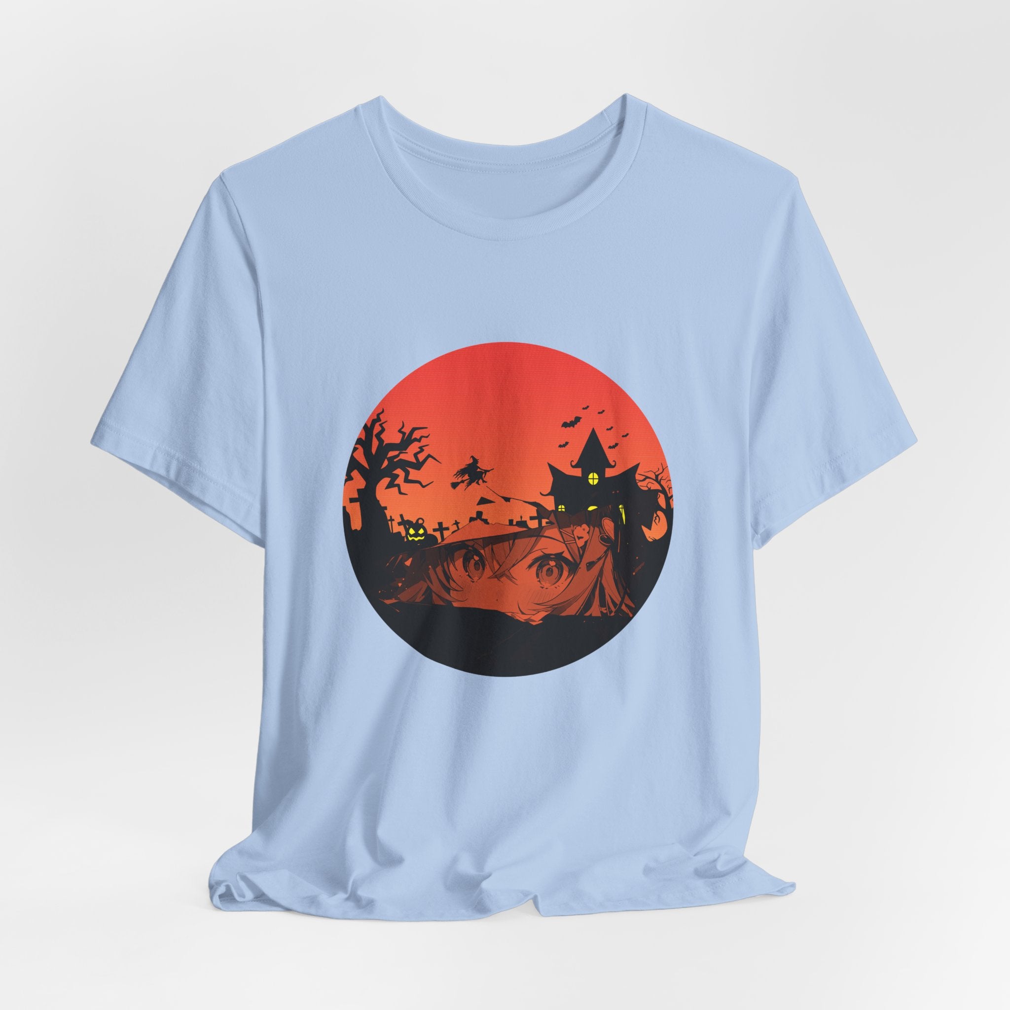 Light blue t-shirt with a Halloween-themed graphic on a light gray background
