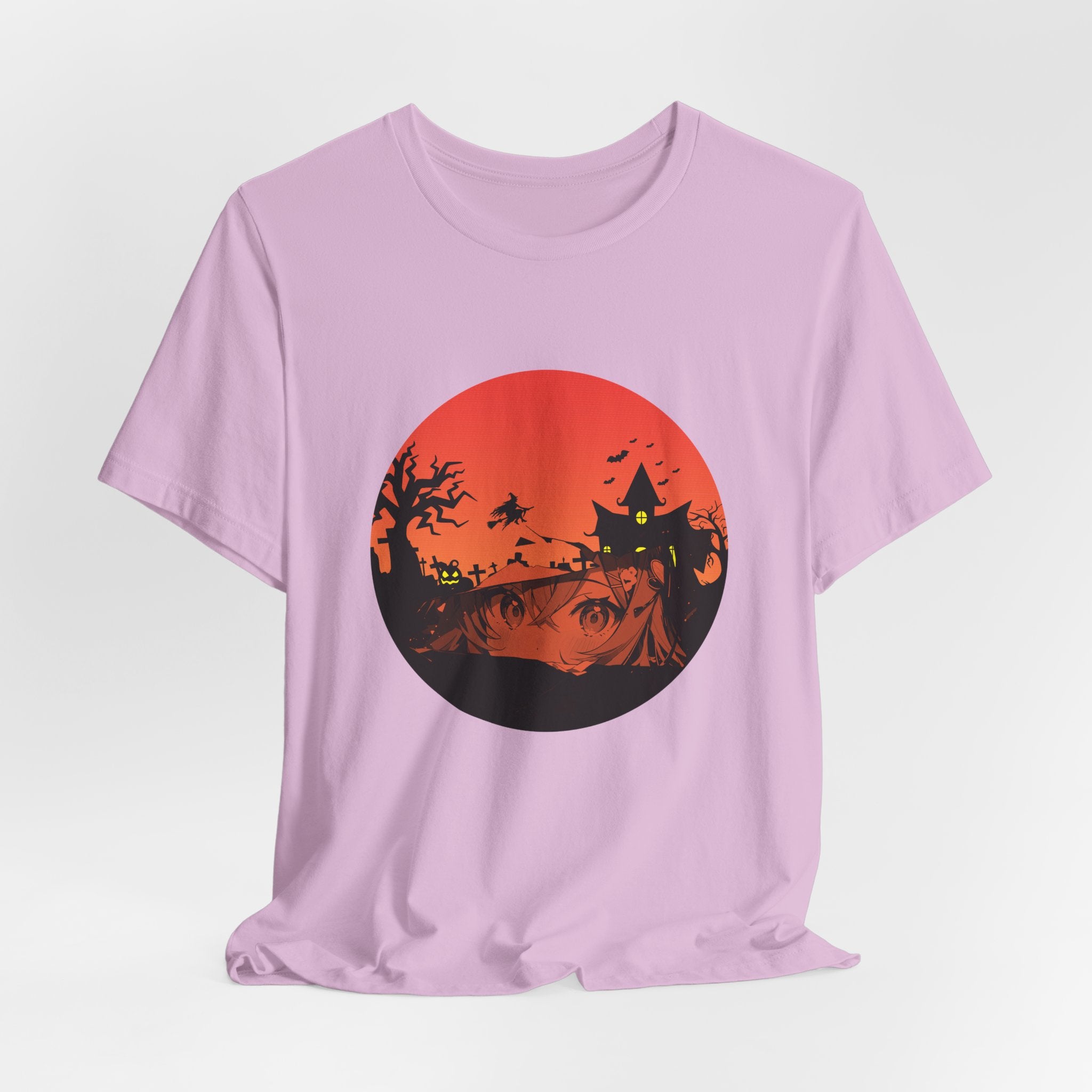 Light purple t-shirt with a Halloween-themed graphic on a light gray background