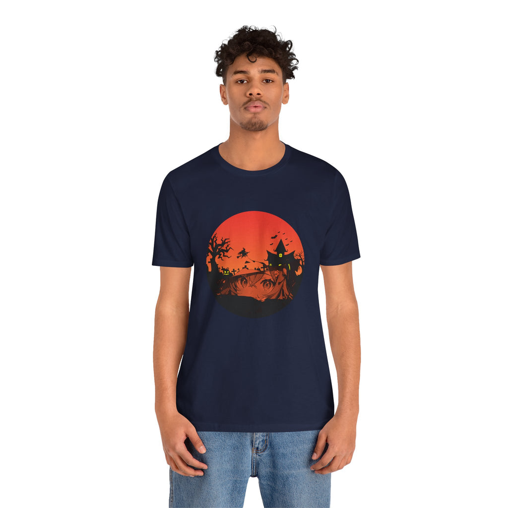 Person wearing a navy blue t-shirt with a sunset graphic design on a white background