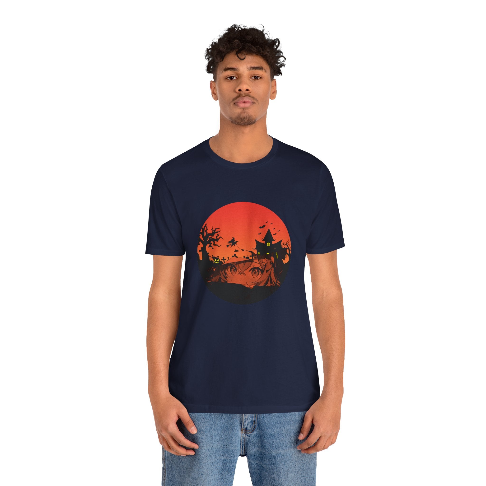 Person wearing a navy blue t-shirt with a sunset graphic design on a white background
