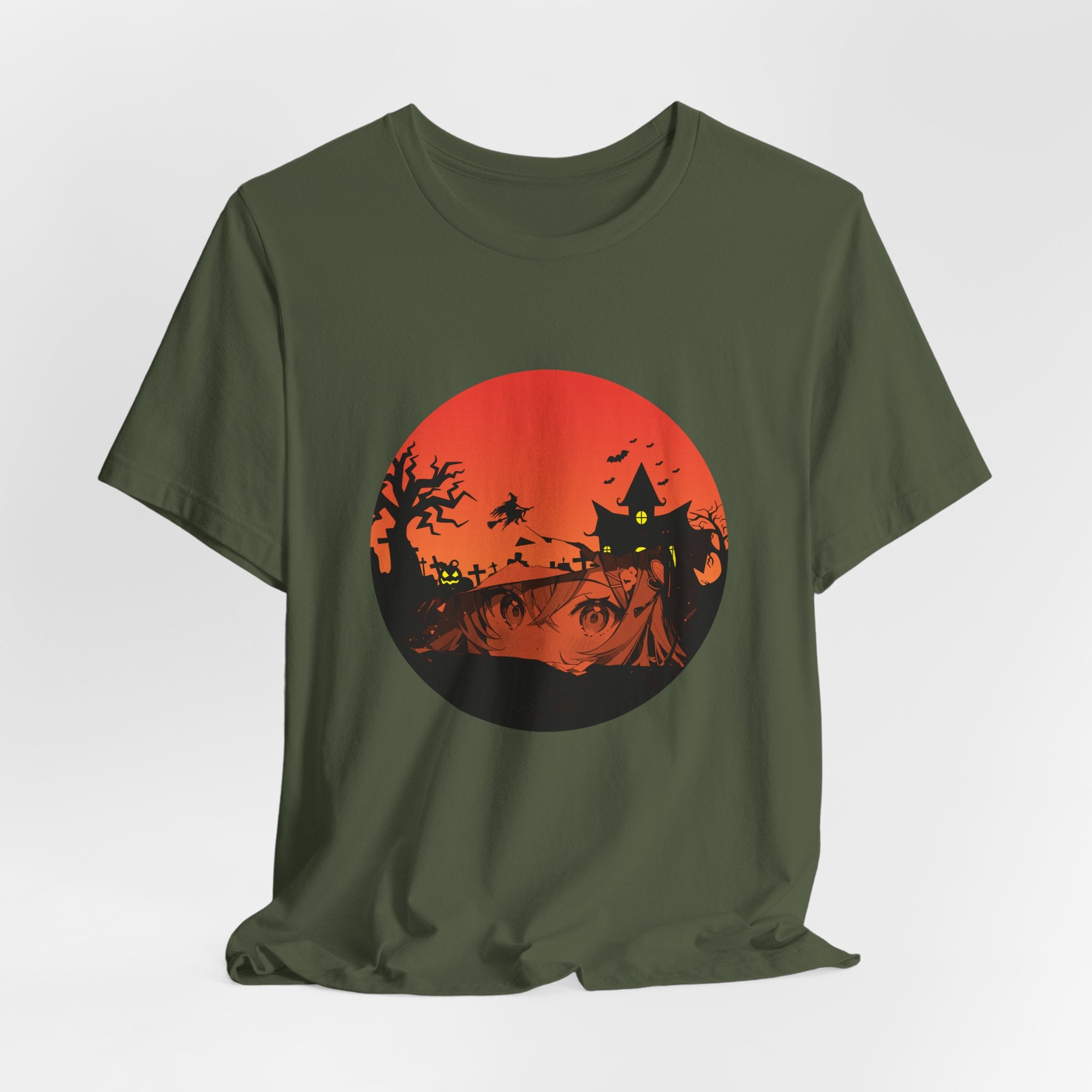 Military green t-shirt with a Halloween-themed graphic on a white background