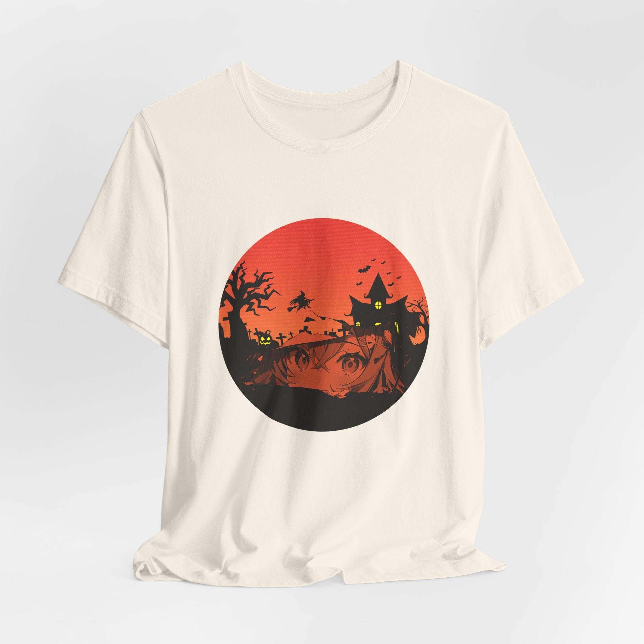 Natural white t-shirt with a Halloween-themed graphic on a light gray background