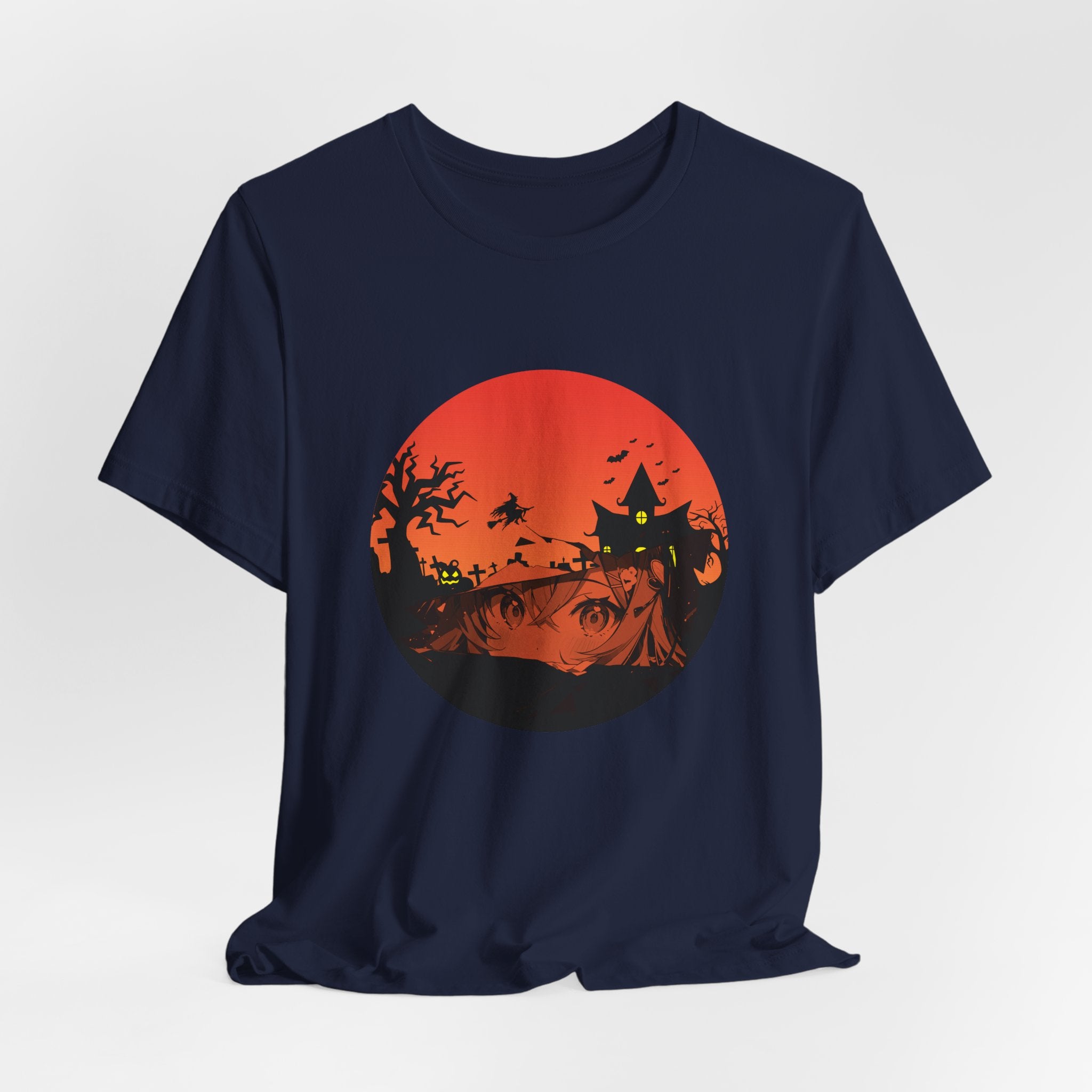 Navy blue t-shirt with a Halloween-themed graphic on a white background