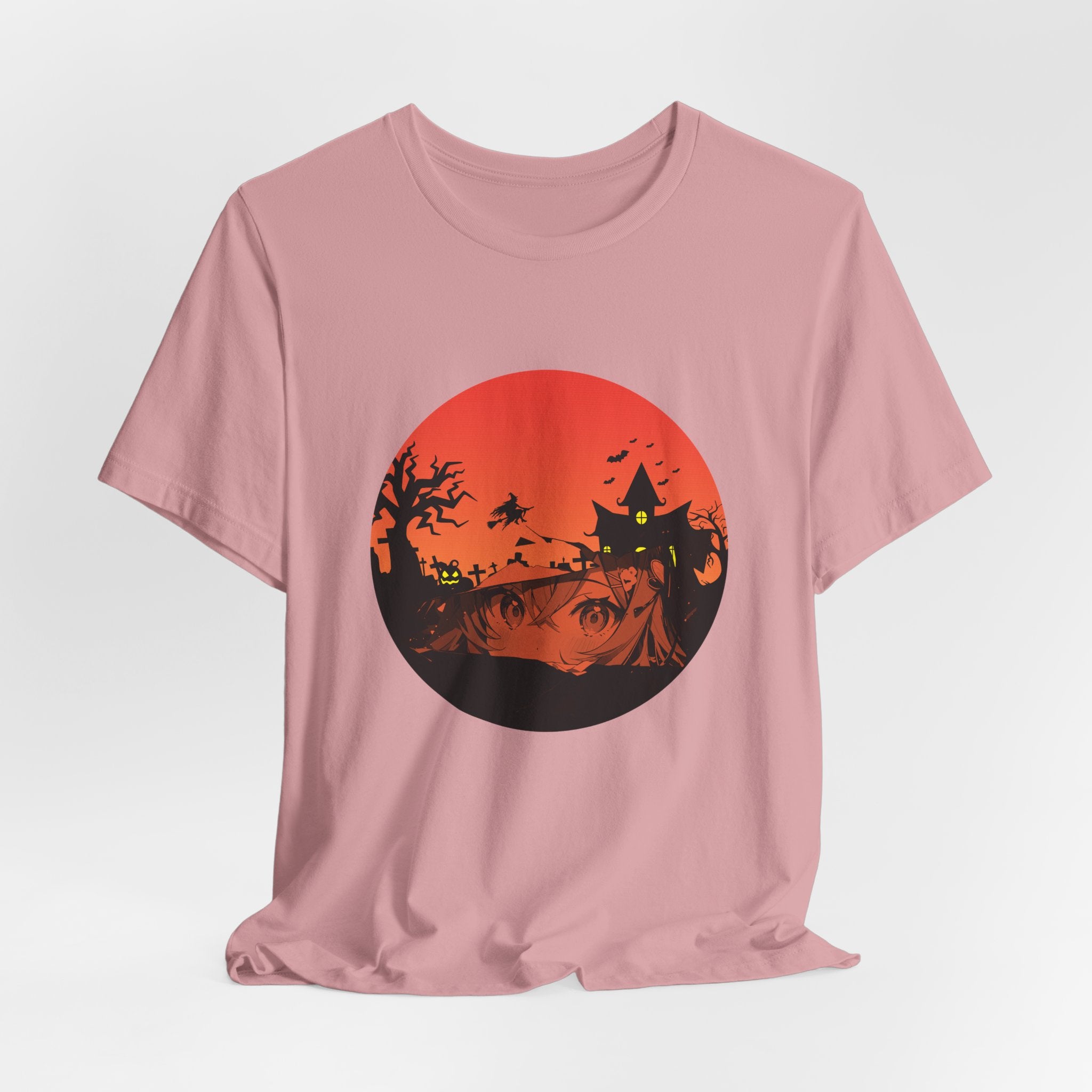 Orchid pink t-shirt with a Halloween-themed graphic on a light gray background