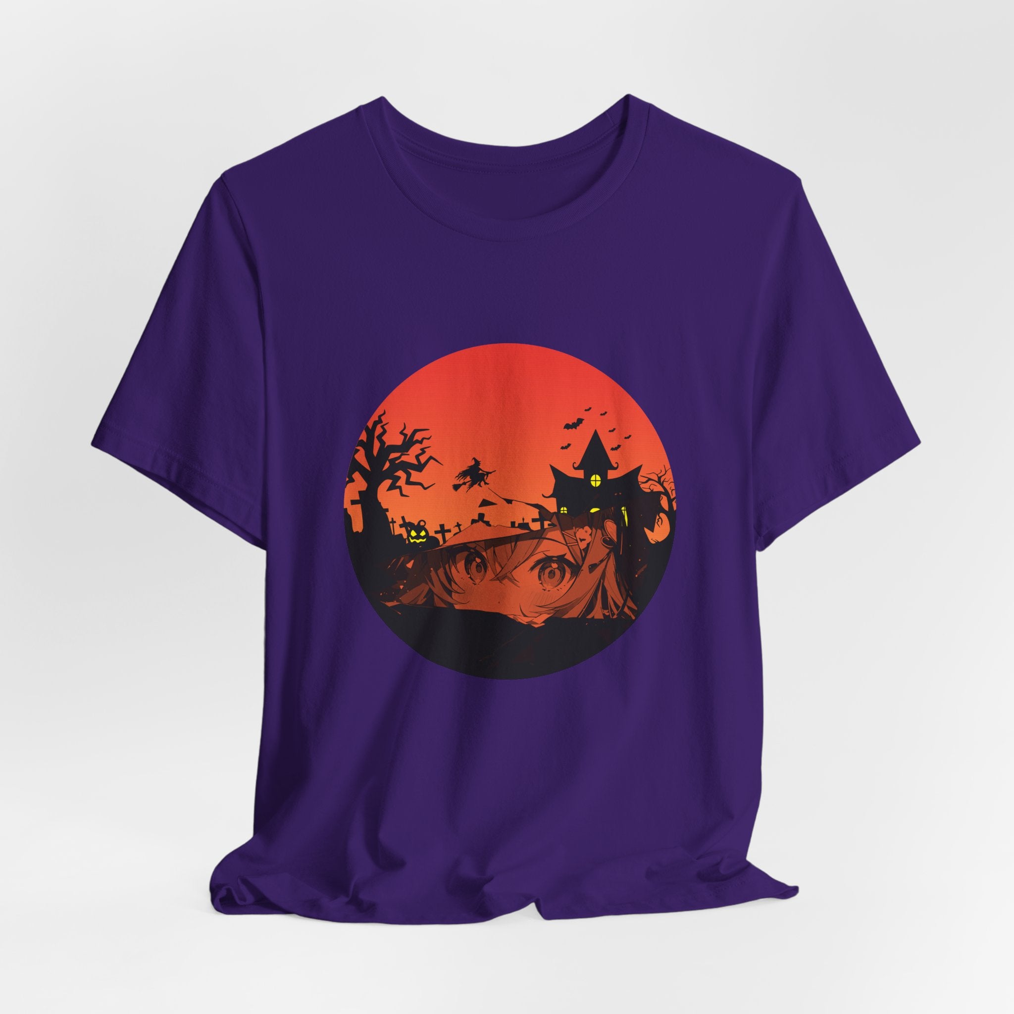 Purple t-shirt with a Halloween-themed graphic on a white background
