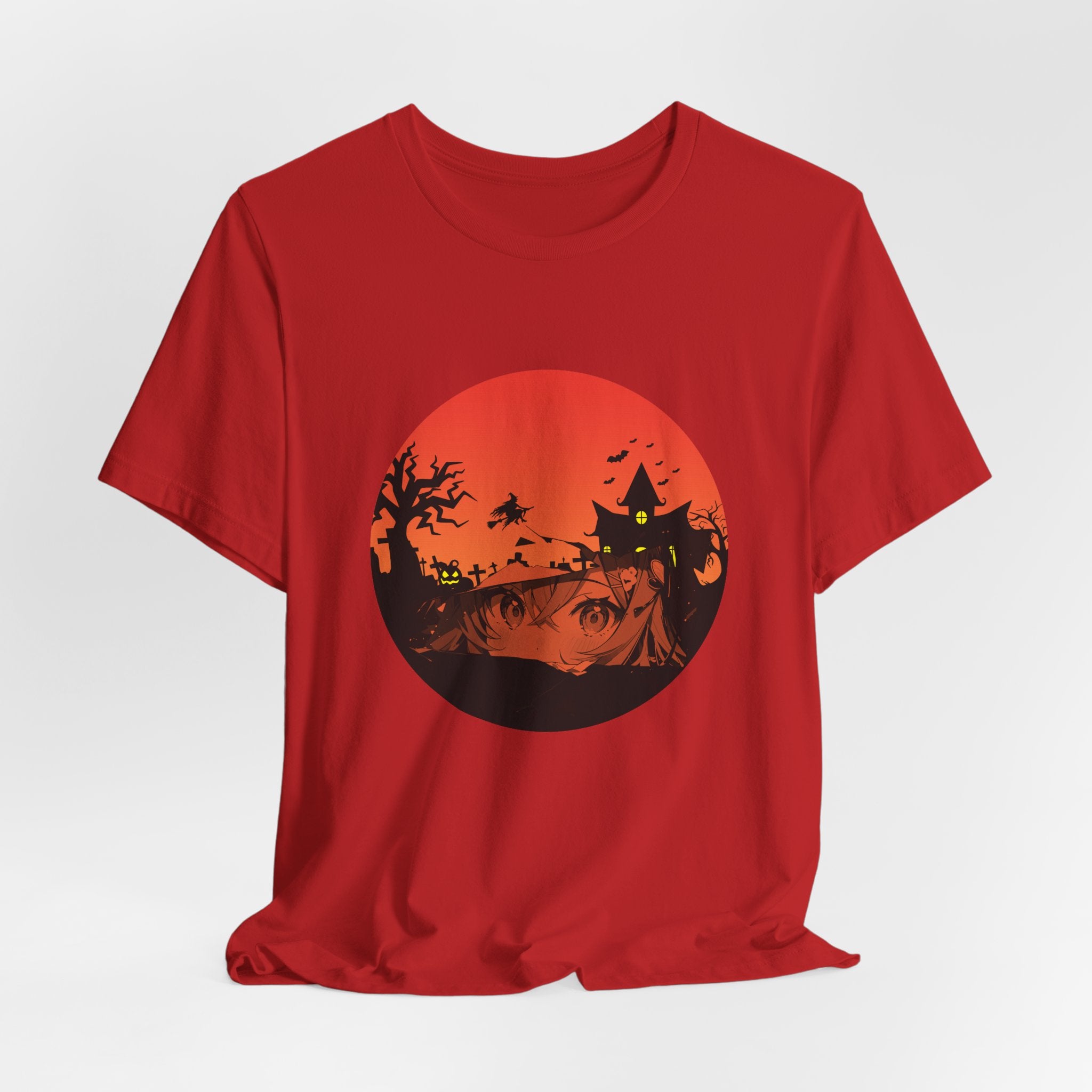 Red t-shirt with a Halloween-themed graphic on a white background