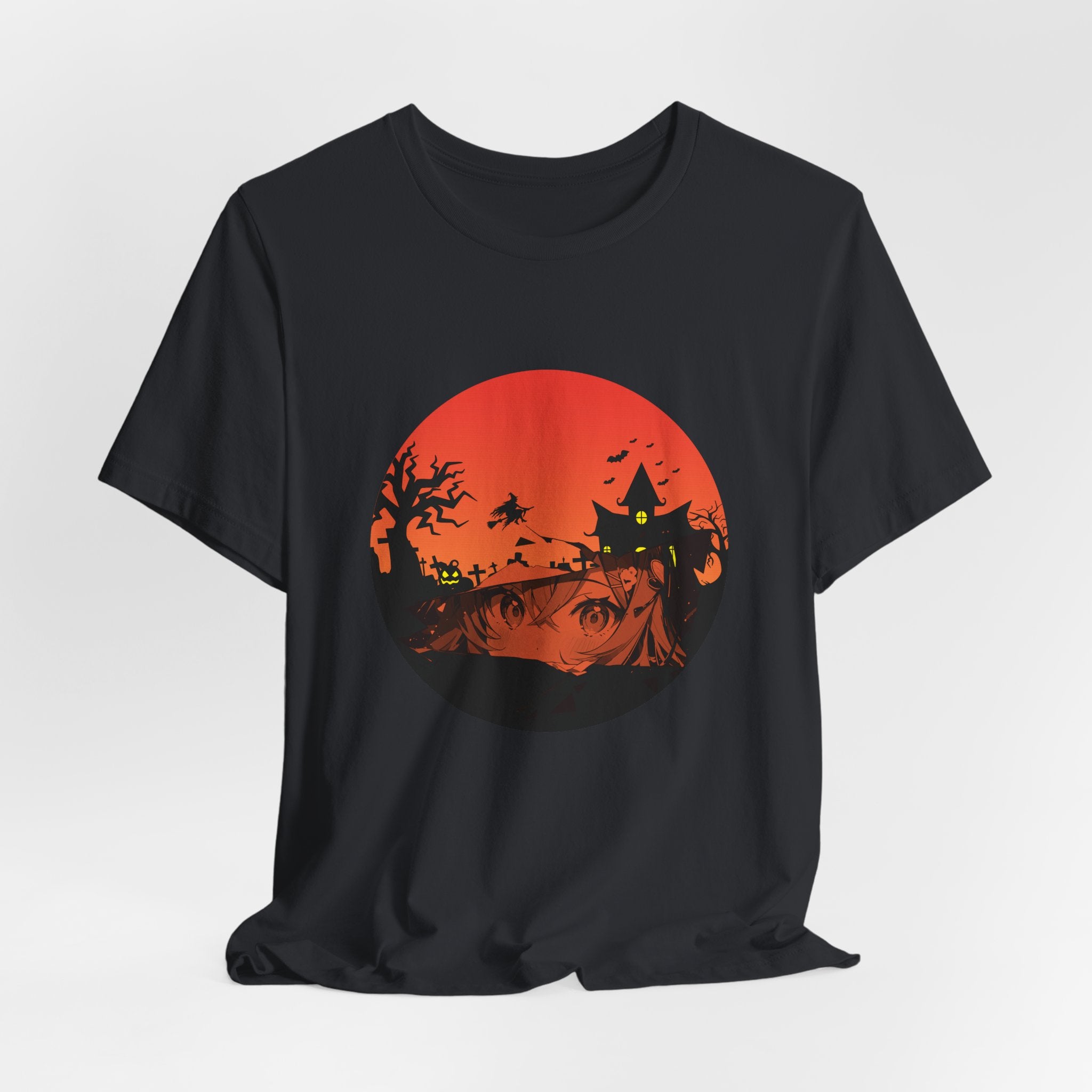 Vintage black t-shirt with a Halloween-themed design featuring a cat, moon, and trees on a white background.