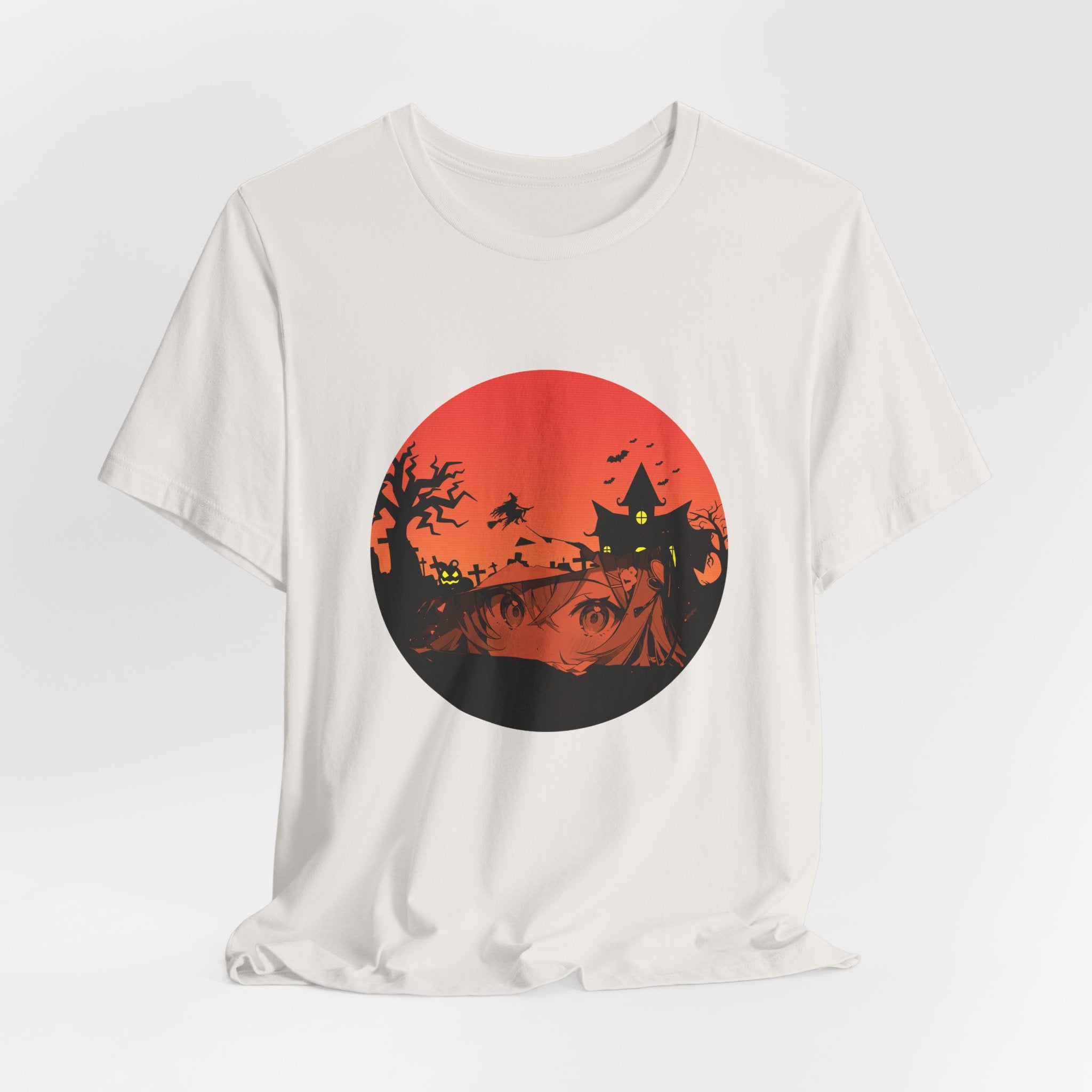 Vintage white t-shirt with a Halloween-themed graphic on a white background