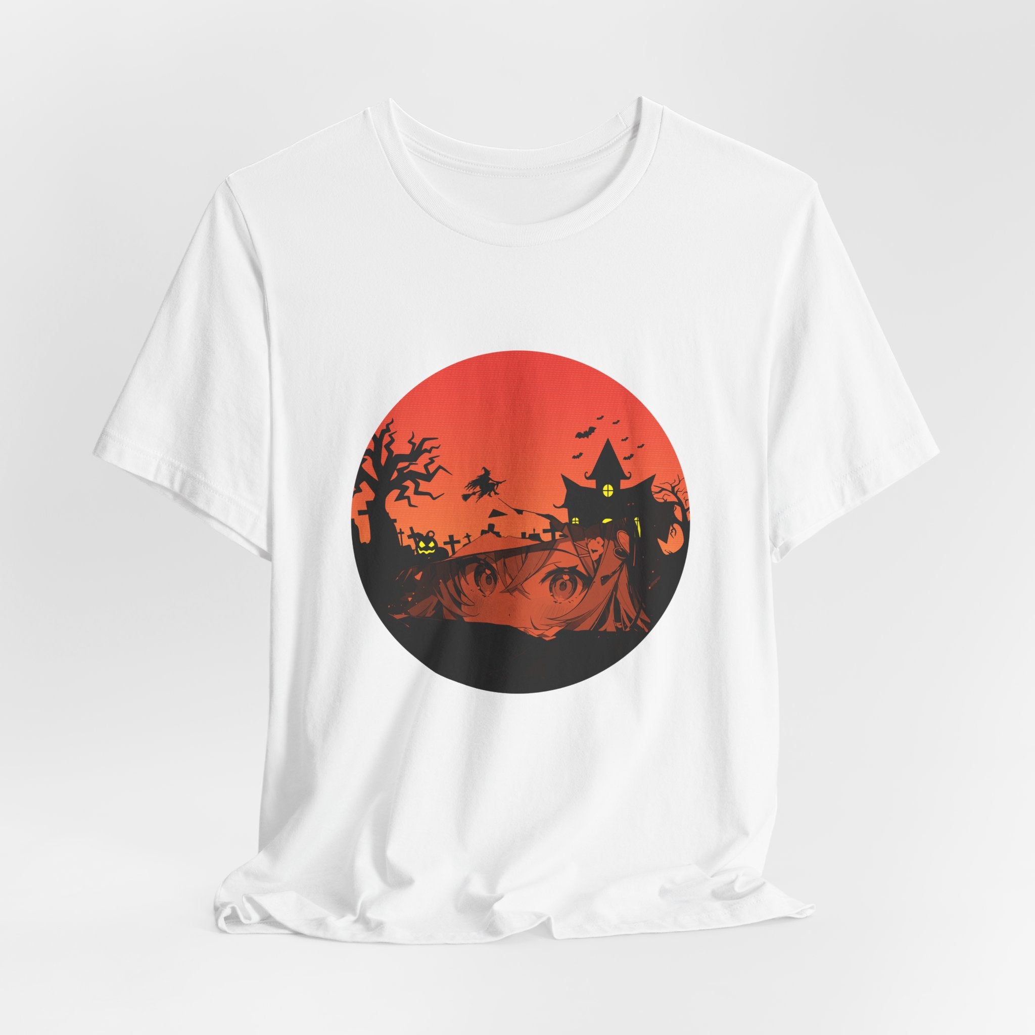 White t-shirt with a Halloween-themed graphic on a white background