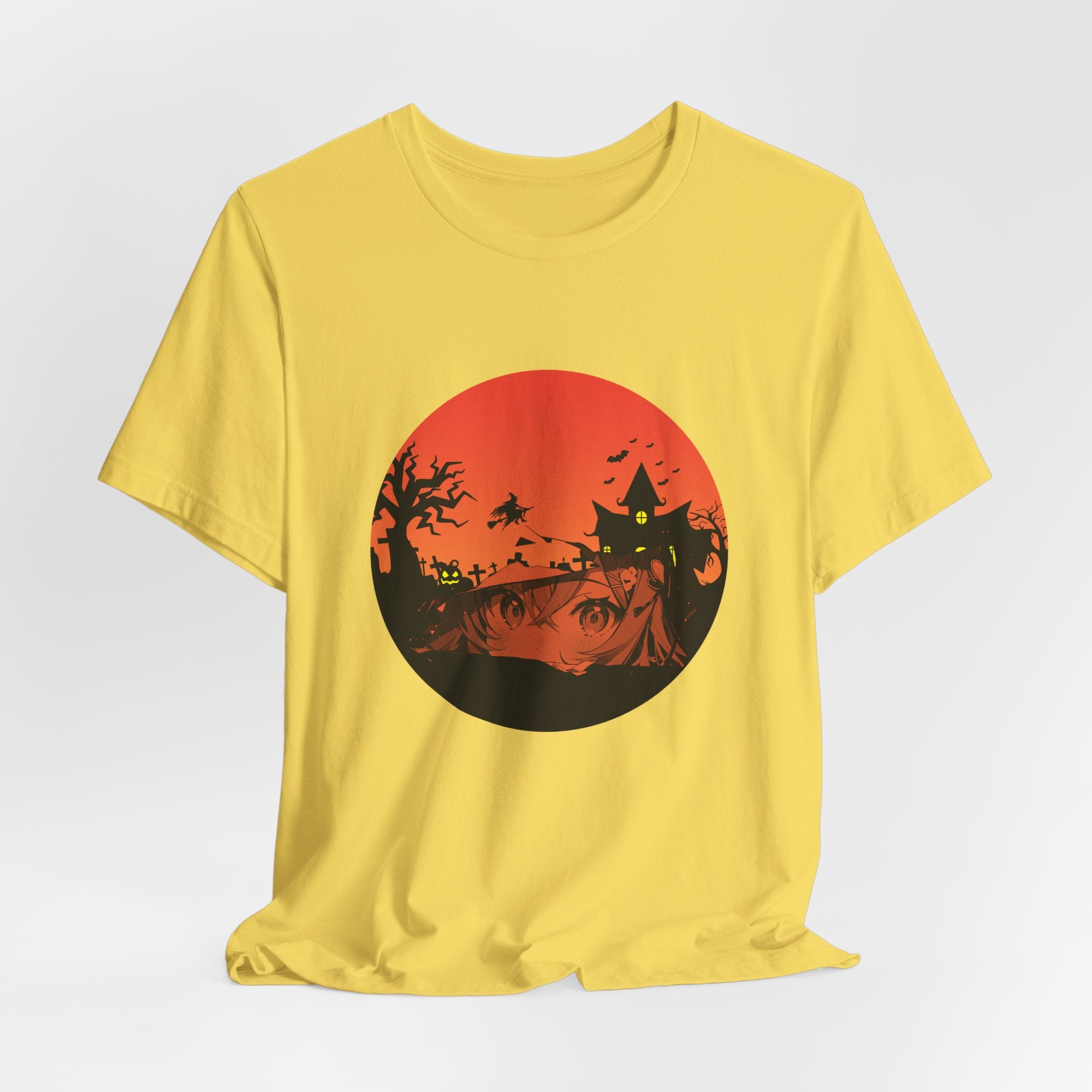 Yellow t-shirt with a black and red graphic design on a white background