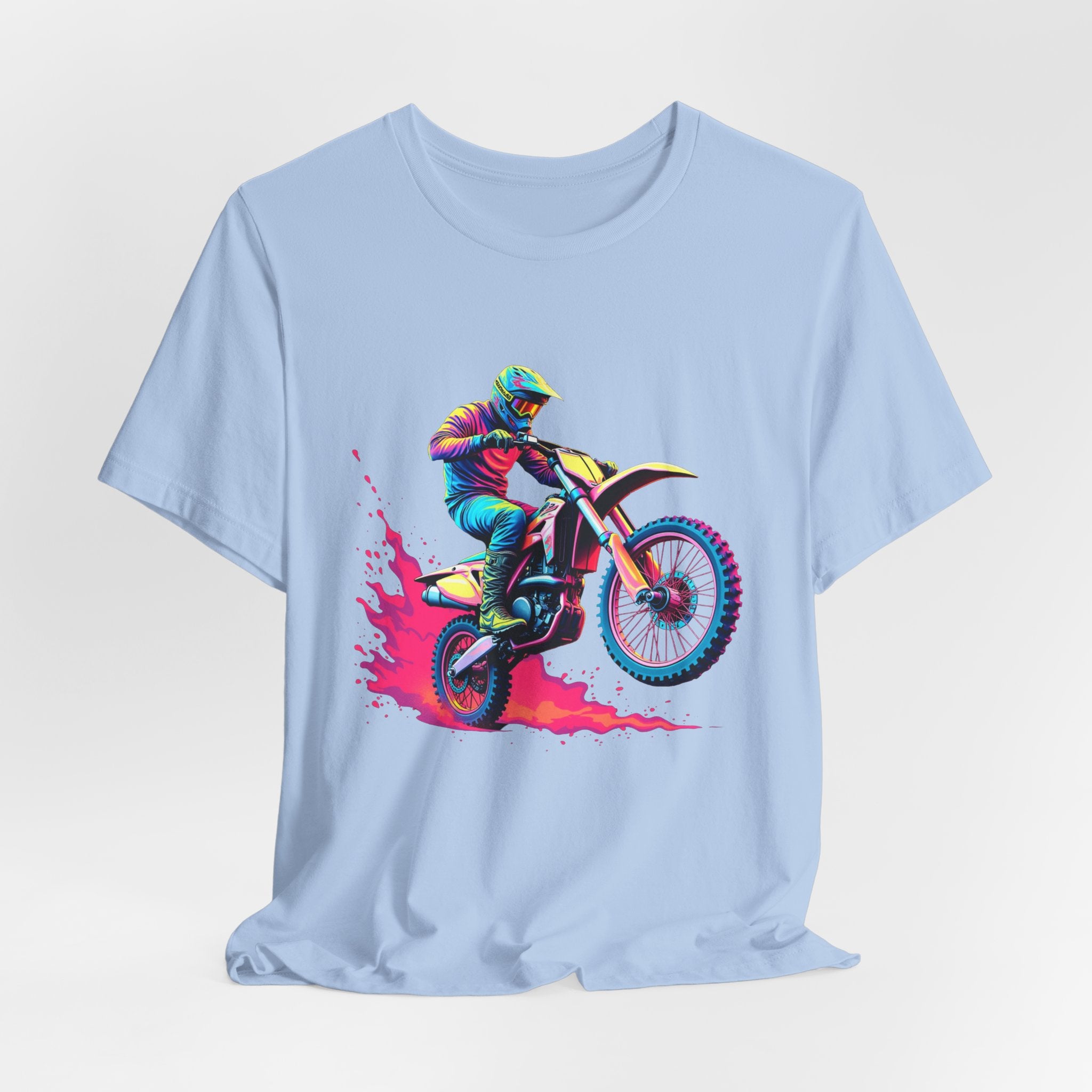 Baby blue t-shirt with a graphic of a motocross rider on a bike.