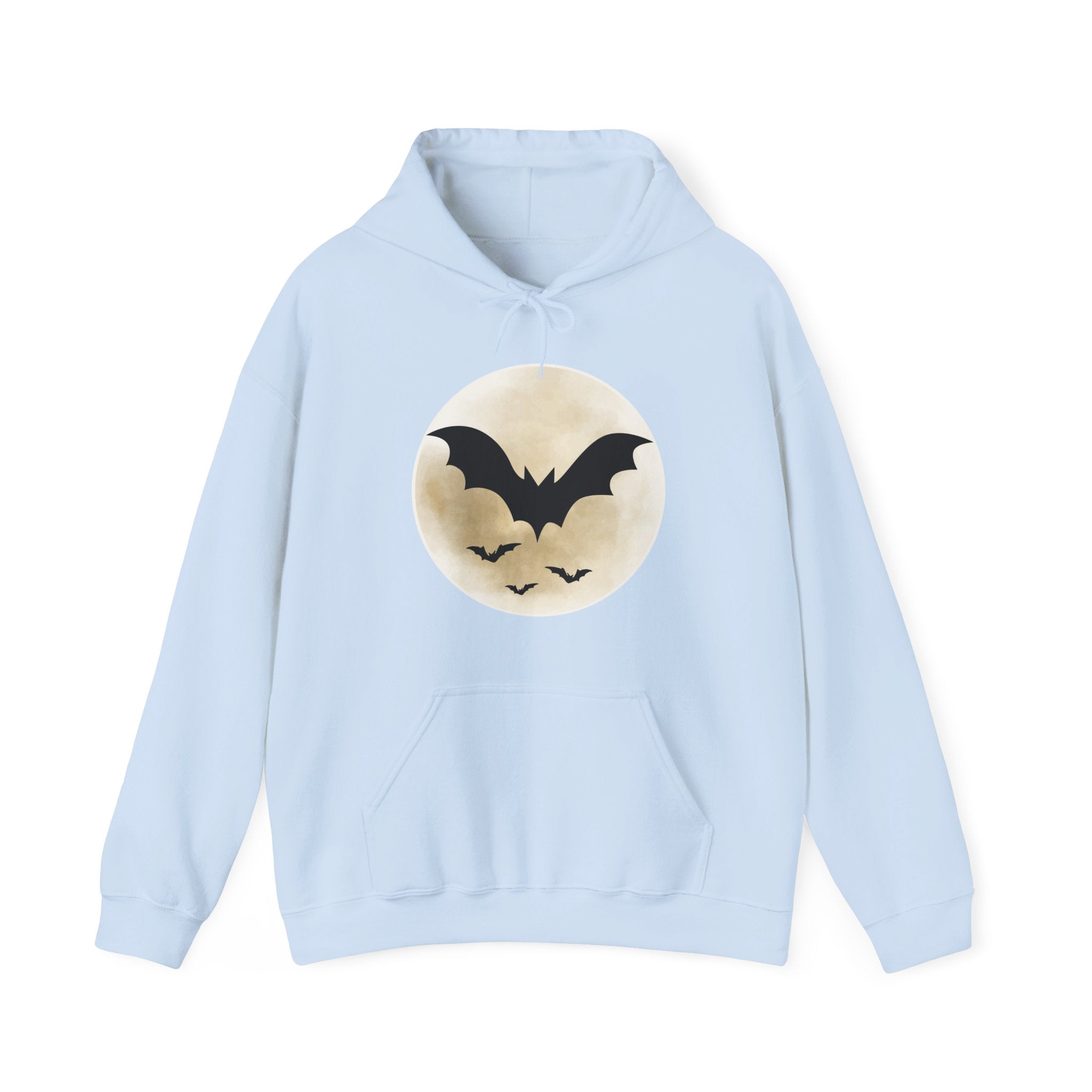 Light blue hoodie with a circular design featuring bats on a white background
