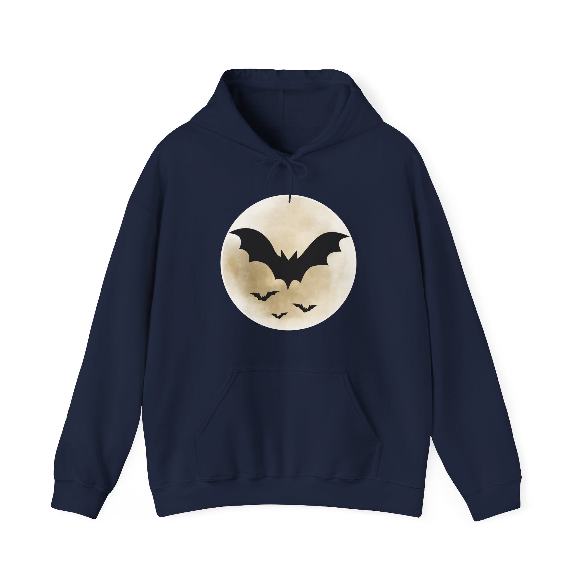 Navy blue hoodie with a moon and bat design on a white background