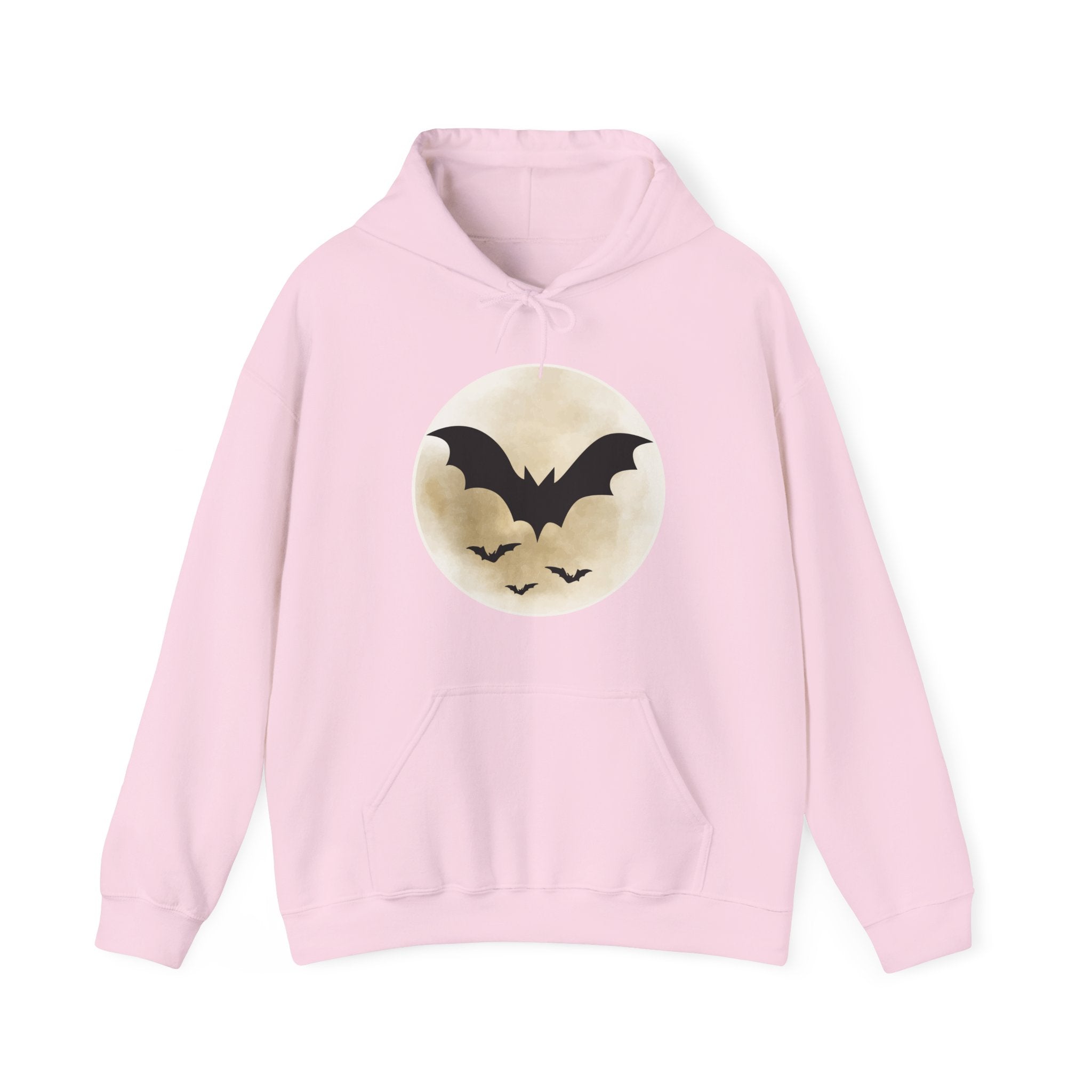 Pink hoodie with a bat design on a white background