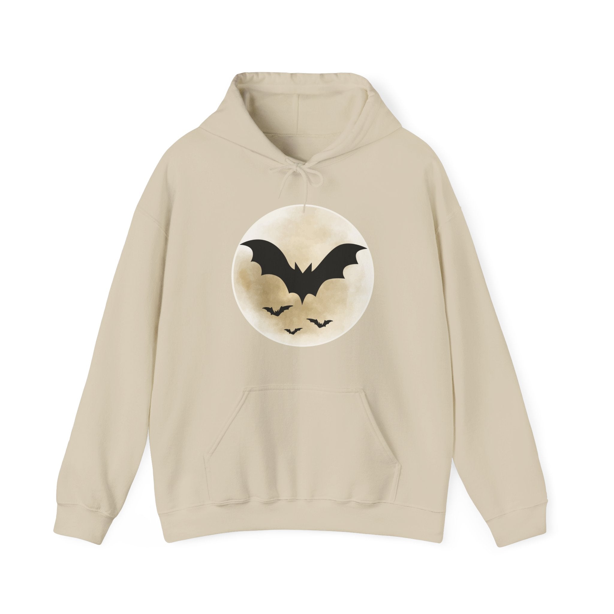 Beige hoodie with a circular design featuring bats on a white background