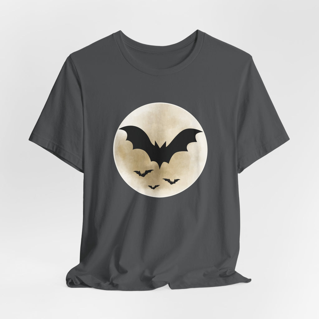 Asphalt gray t-shirt with full moon and bats design on a light gray background