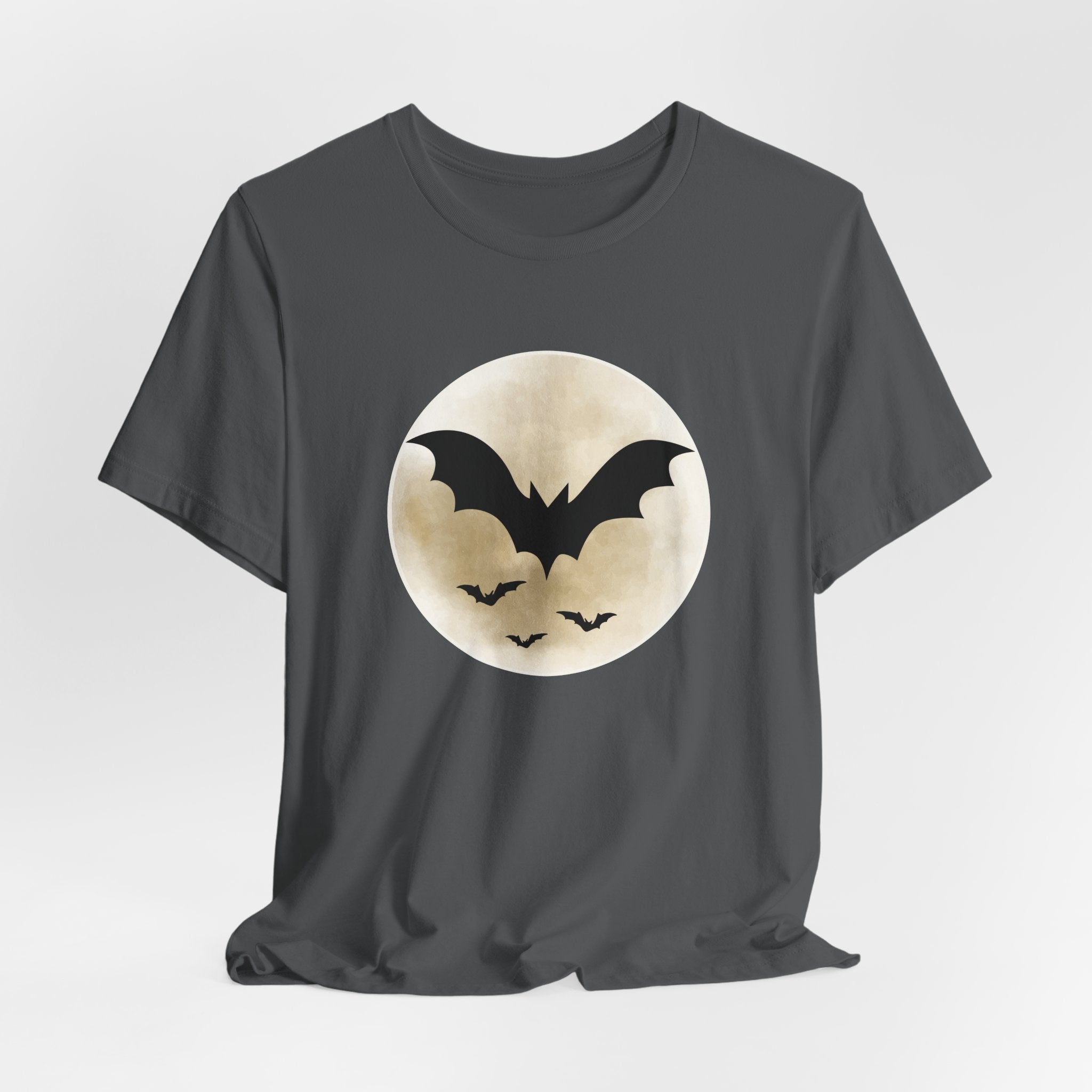 Asphalt gray t-shirt with full moon and bats design on a light gray background