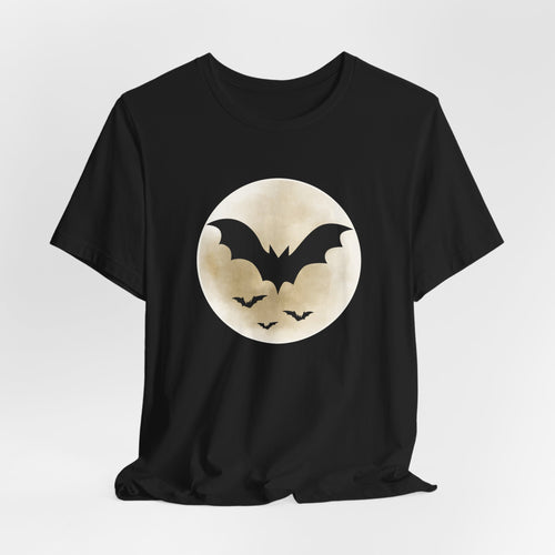 Black t-shirt with full moon and bats design on a light gray background