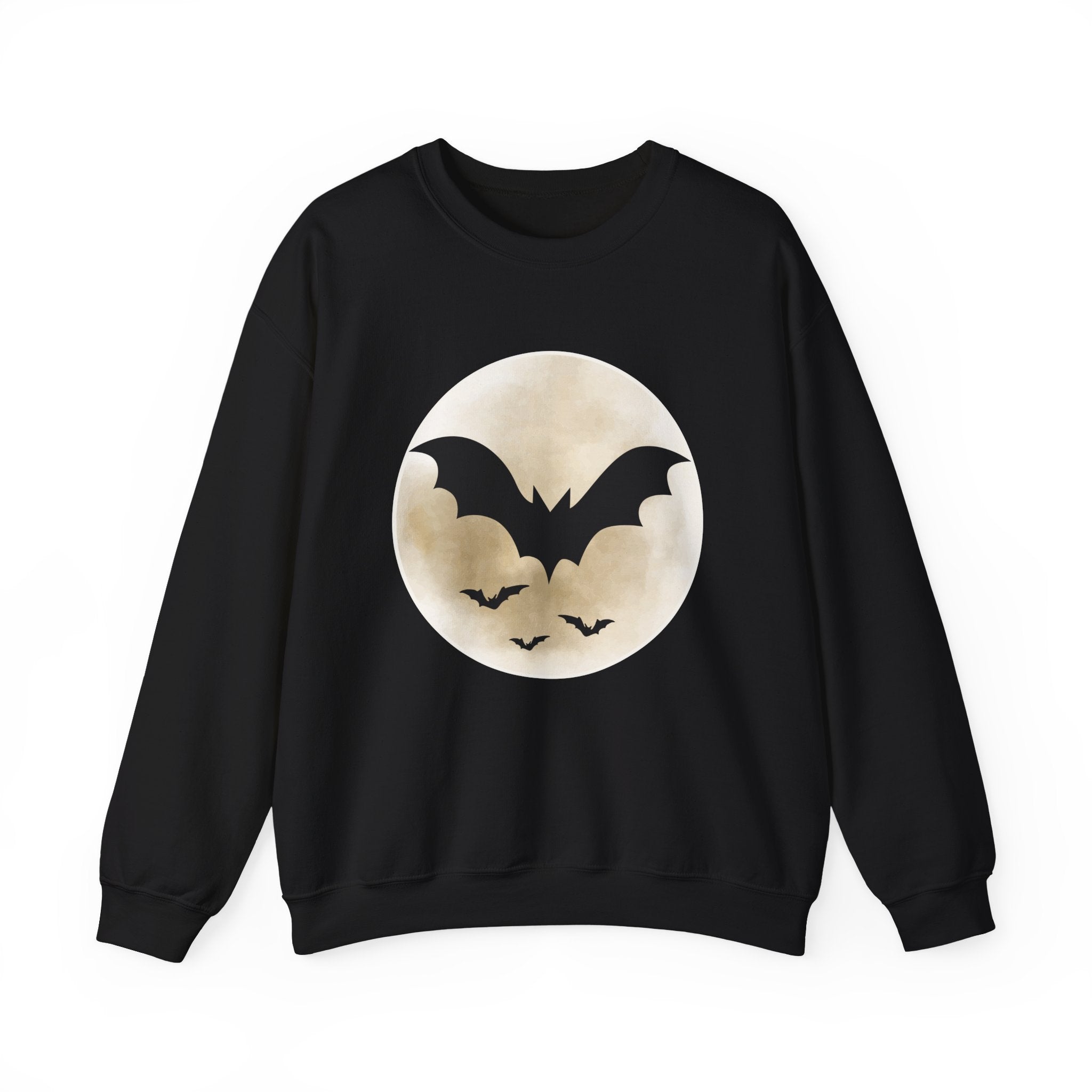 Black sweatshirt with a moon and bat design on a white background