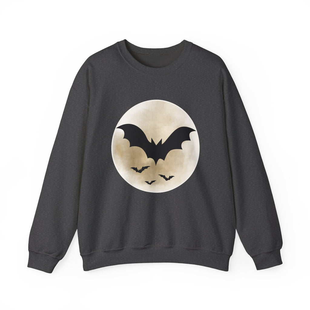 Dark heather gray sweatshirt with a Halloween design of bats and a moon on a white background