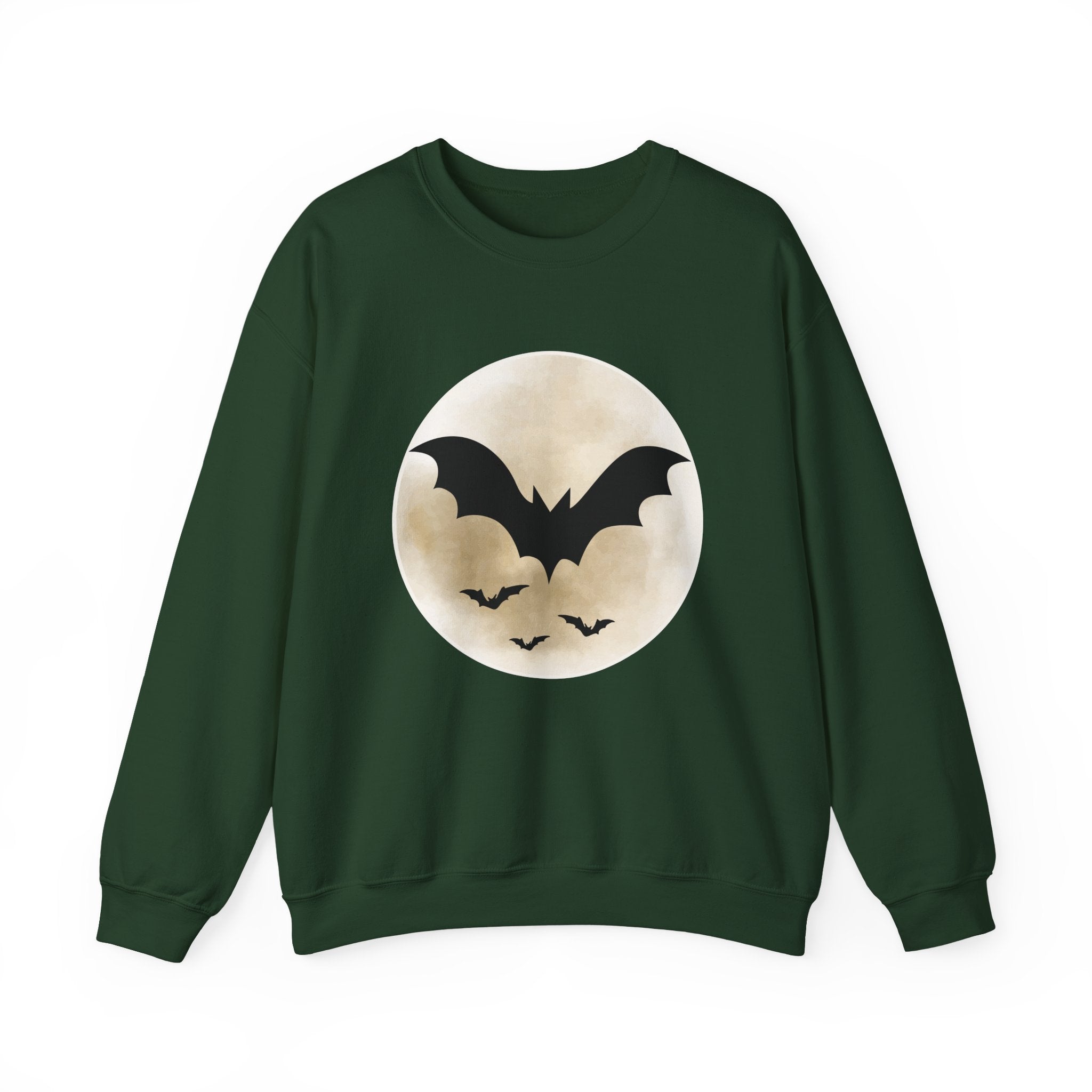 Forest green sweatshirt with a bat and moon design on a white background